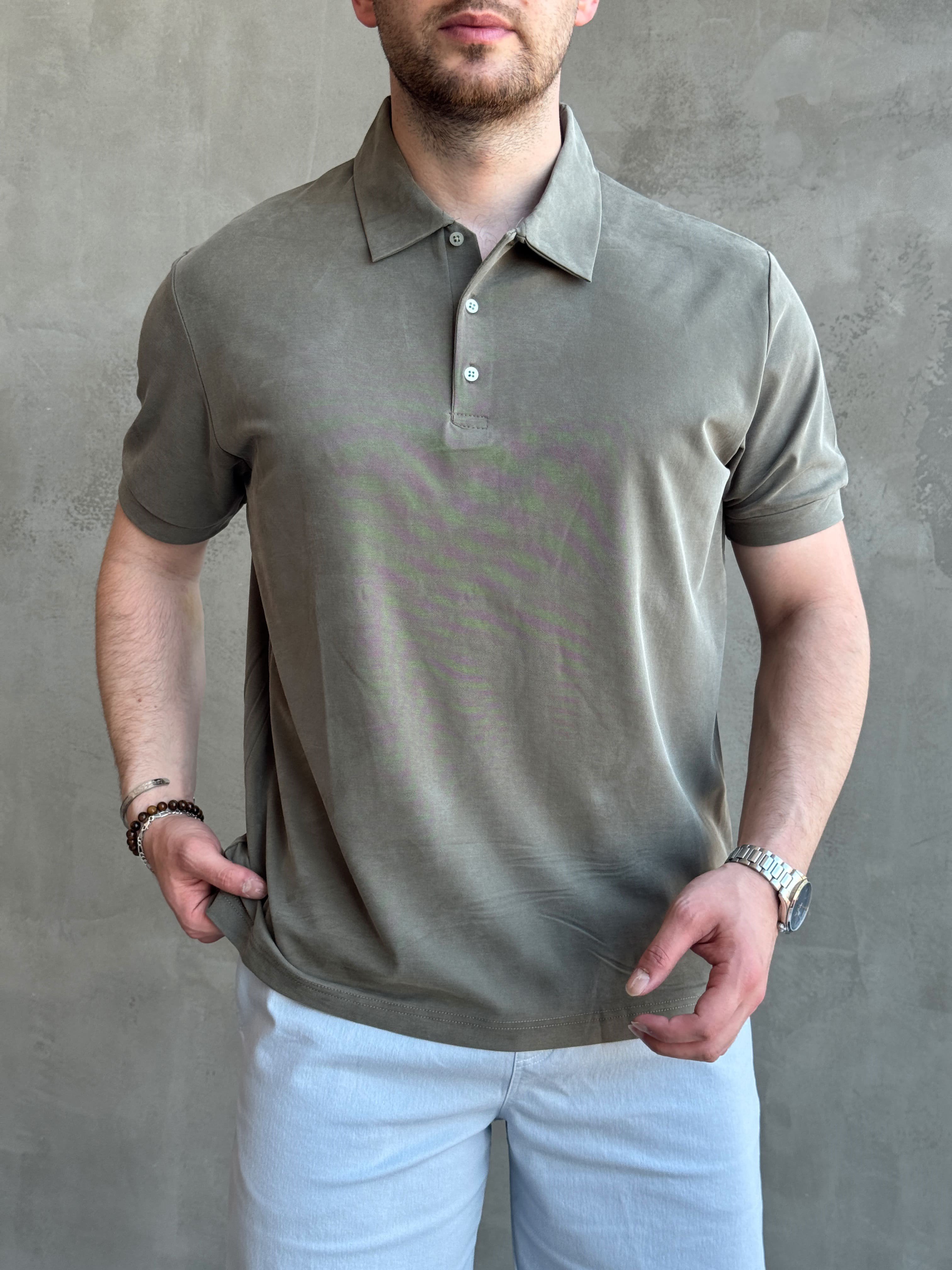 Erkek Kaliteli Kumaş Oversize Kalıp Düğme Detaylı Polo Yaka T-Shirt-Haki(E1746)Ketench