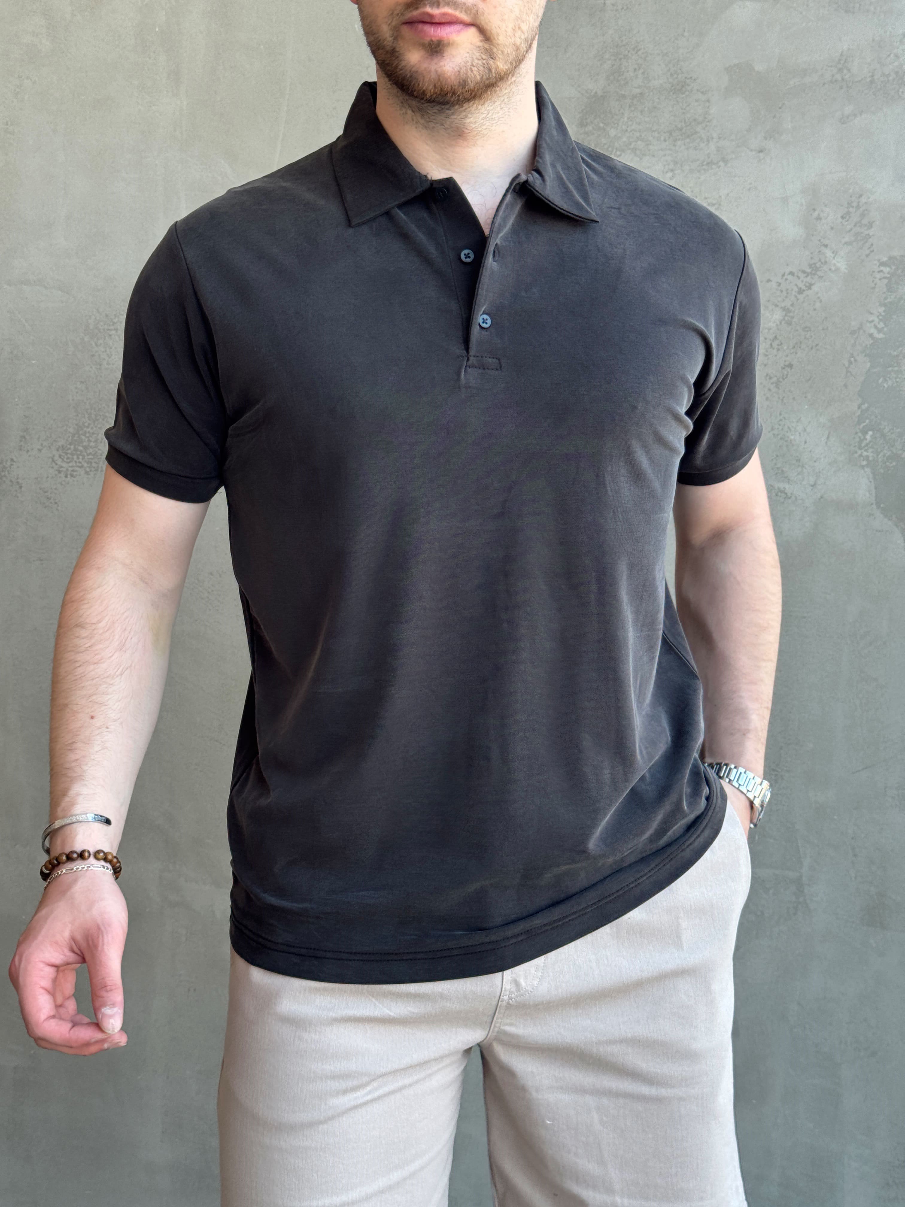Erkek Kaliteli Kumaş Oversize Kalıp Düğme Detaylı Polo Yaka T-Shirt-Siyah(E1746)Ketench