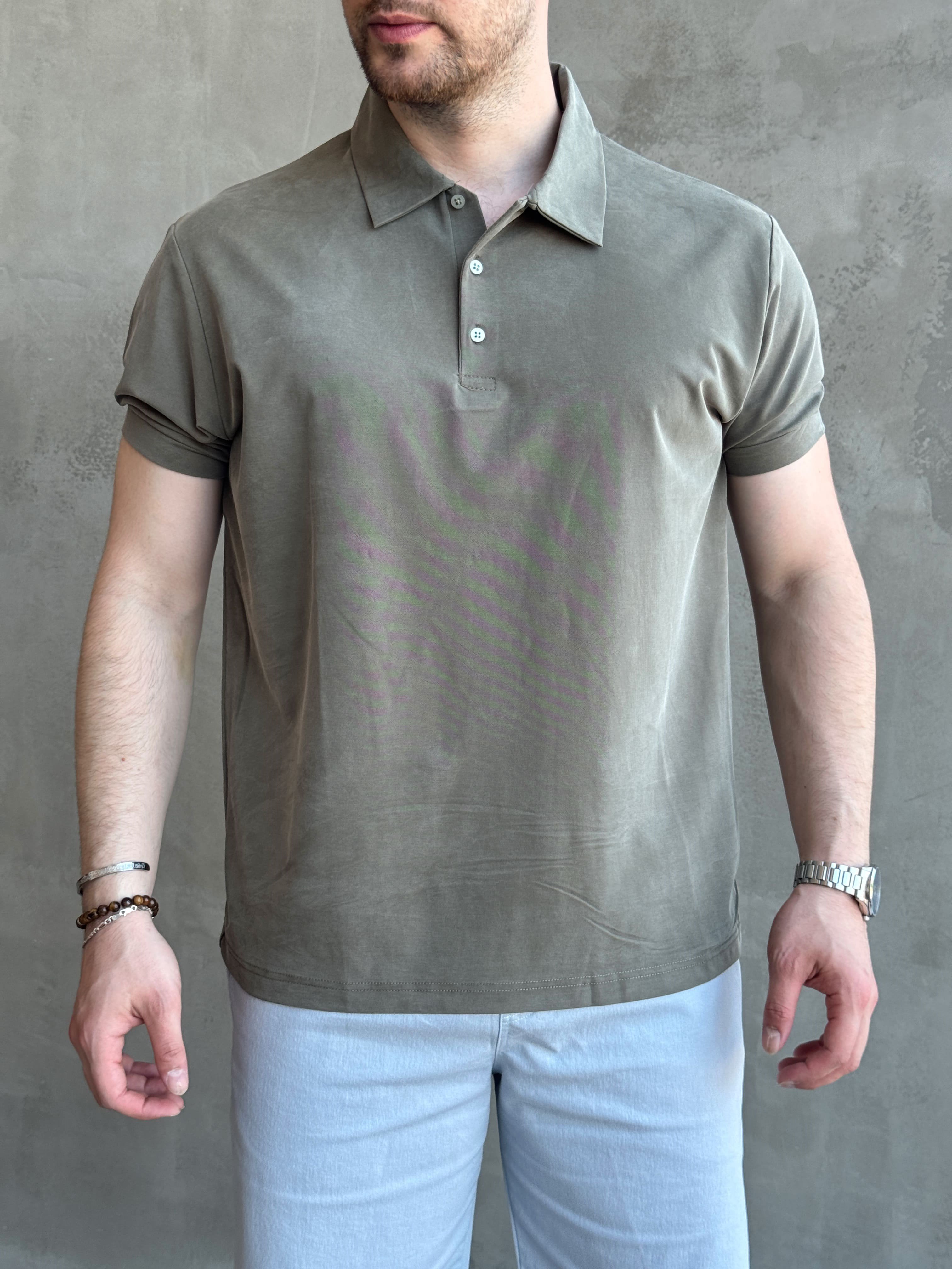 Erkek Kaliteli Kumaş Oversize Kalıp Düğme Detaylı Polo Yaka T-Shirt-Haki(E1746)Ketench