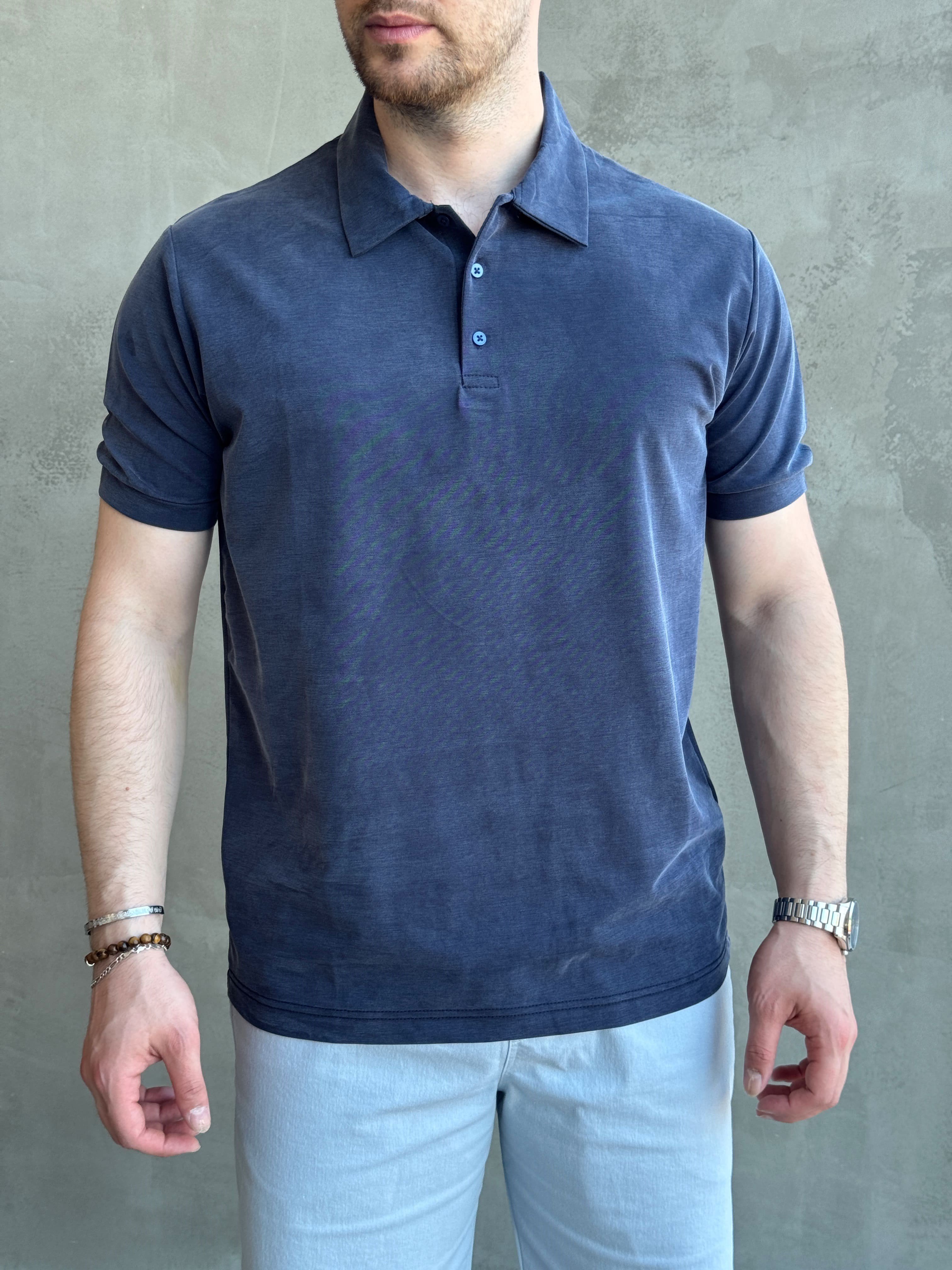 Erkek Kaliteli Kumaş Oversize Kalıp Düğme Detaylı Polo Yaka T-Shirt-Lacivert(E1746)Ketench