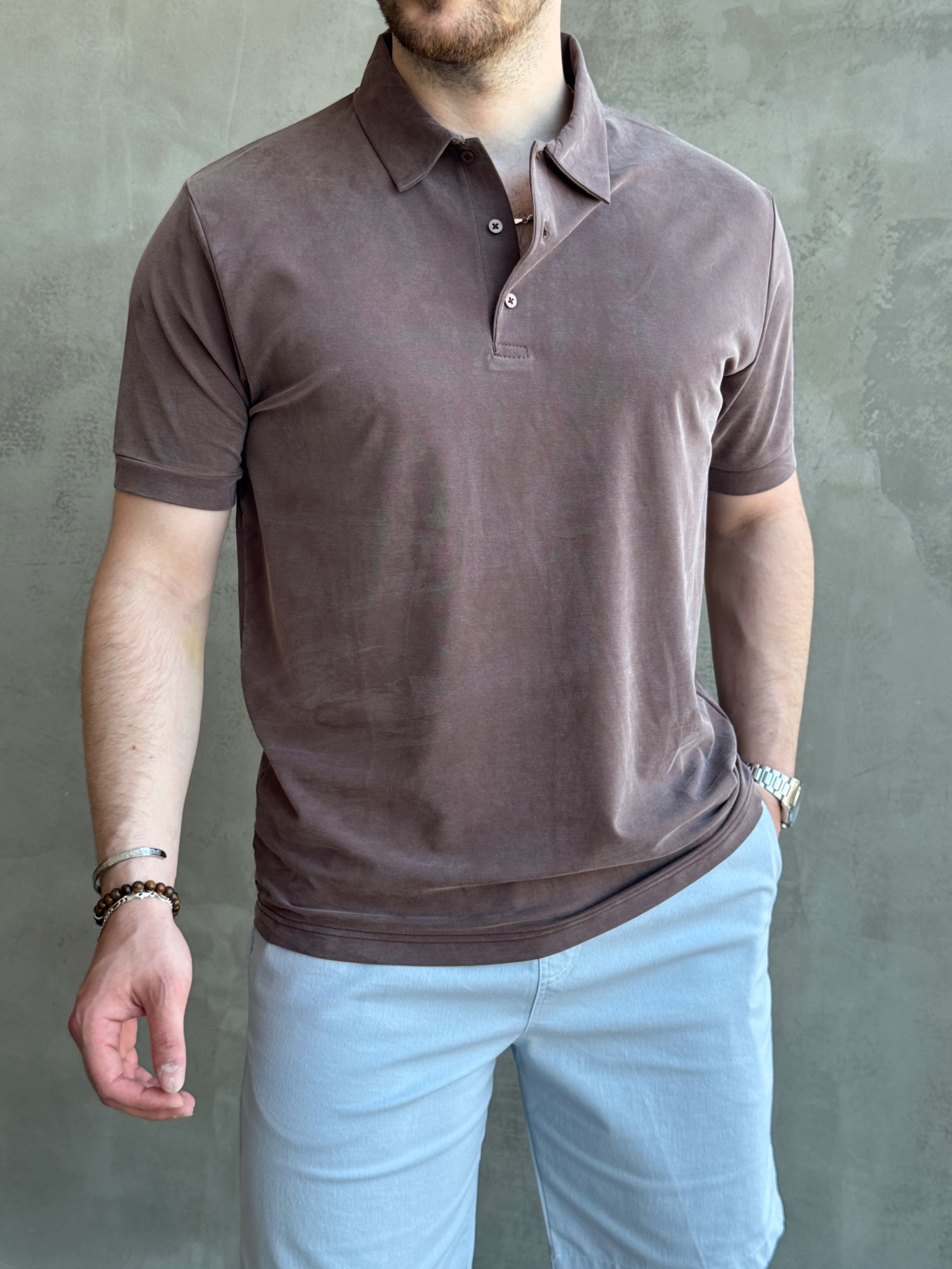 Erkek Kaliteli Kumaş Oversize Kalıp Düğme Detaylı Polo Yaka T-Shirt-Kahverengi(E1746)Ketench