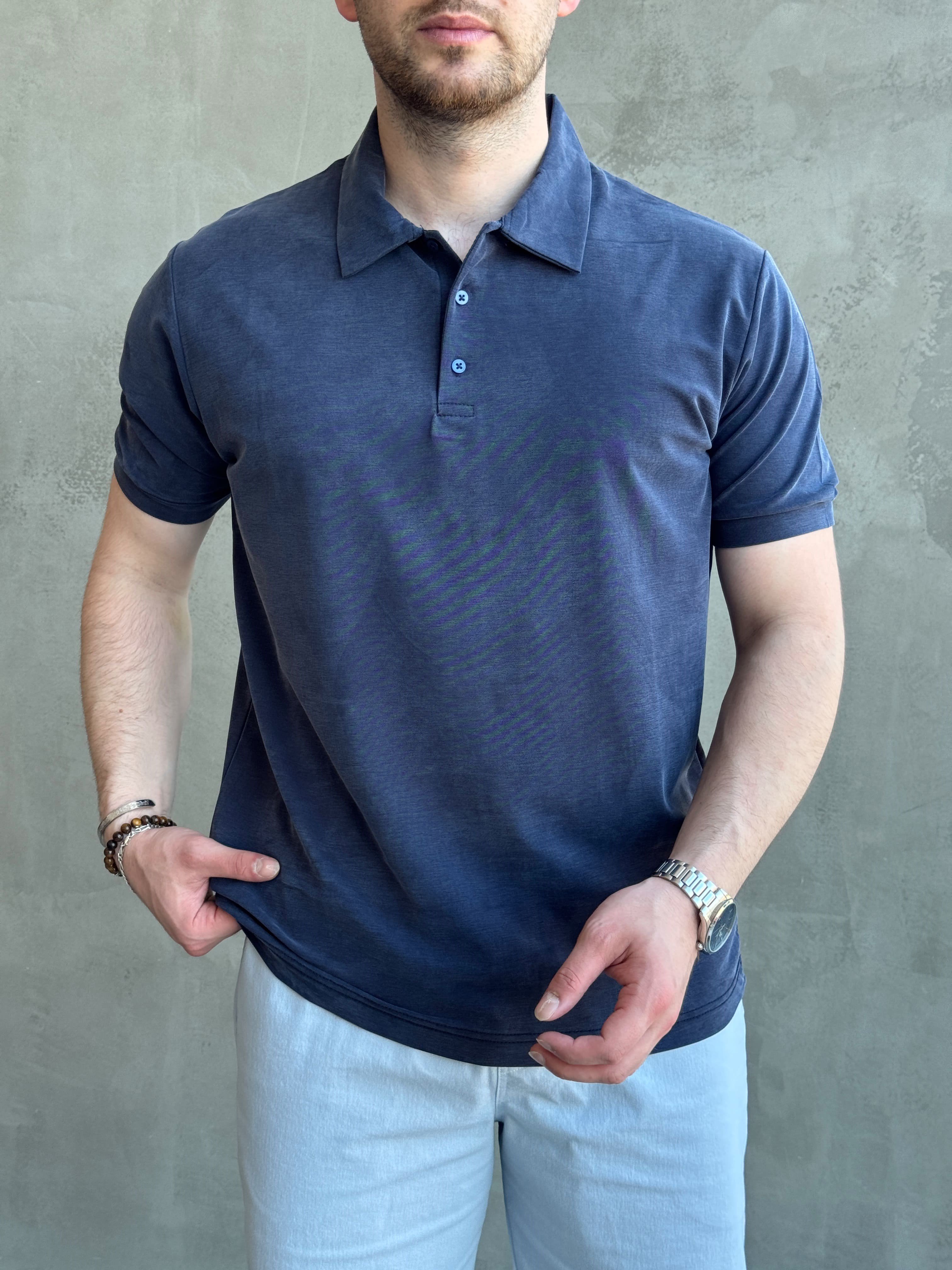 Erkek Kaliteli Kumaş Oversize Kalıp Düğme Detaylı Polo Yaka T-Shirt-Lacivert(E1746)Ketench