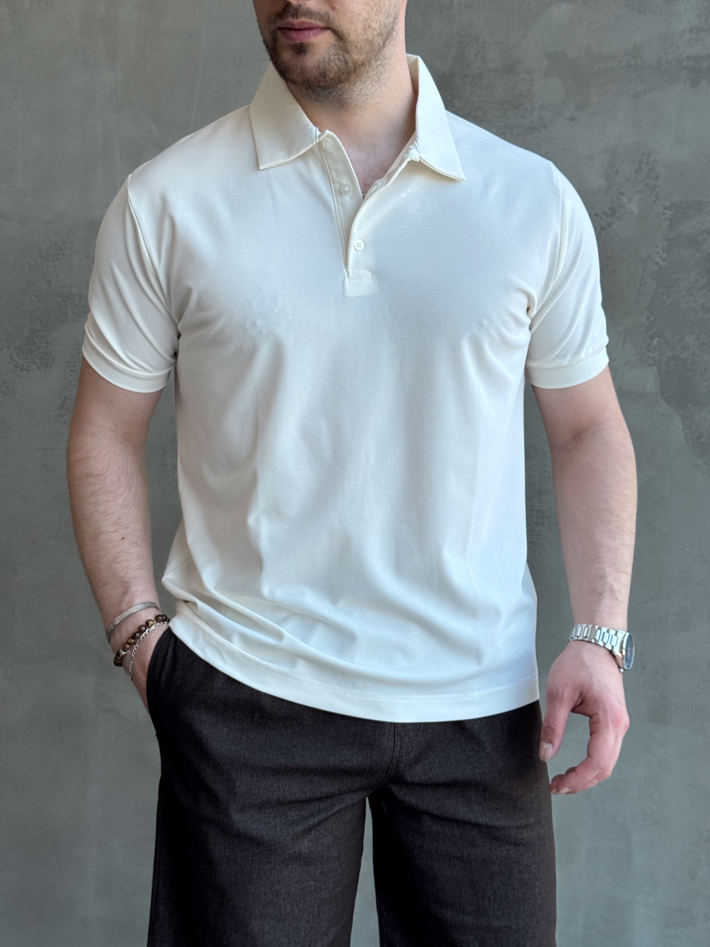 Erkek Kaliteli Kumaş Oversize Kalıp Düğme Detaylı Polo Yaka T-Shirt-Beyaz(E1746)Ketench