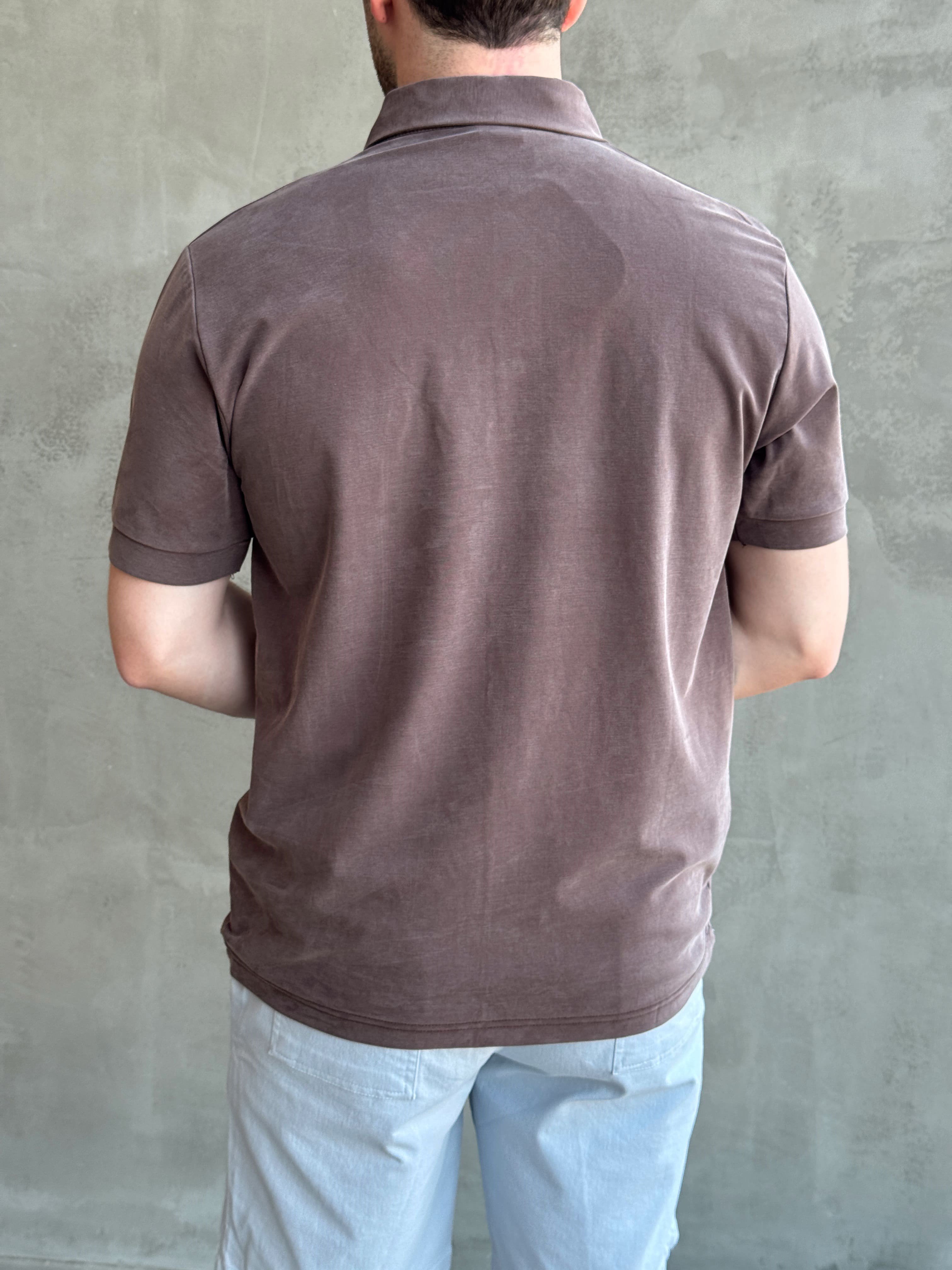 Erkek Kaliteli Kumaş Oversize Kalıp Düğme Detaylı Polo Yaka T-Shirt-Kahverengi(E1746)Ketench