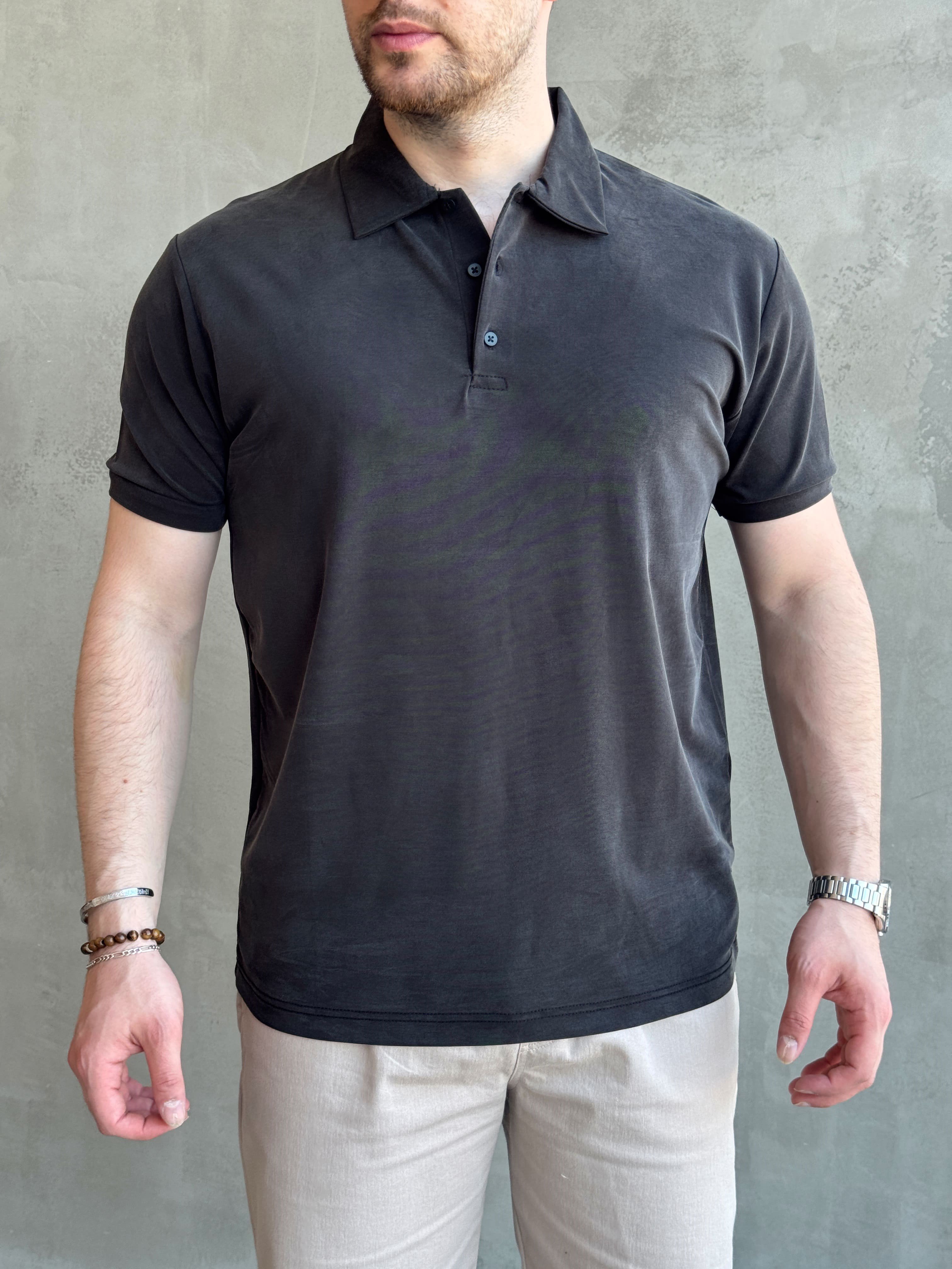 Erkek Kaliteli Kumaş Oversize Kalıp Düğme Detaylı Polo Yaka T-Shirt-Siyah(E1746)Ketench