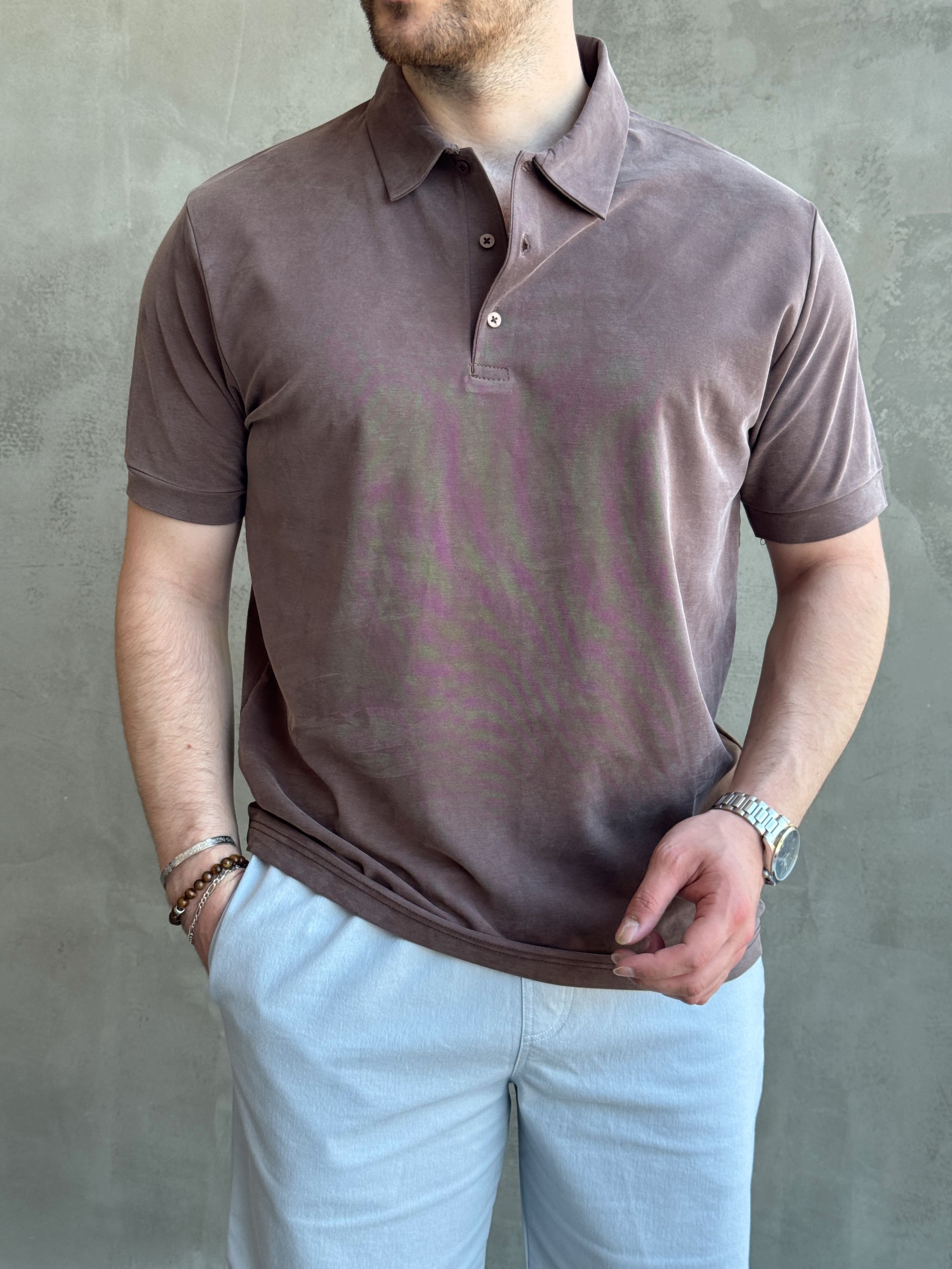 Erkek Kaliteli Kumaş Oversize Kalıp Düğme Detaylı Polo Yaka T-Shirt-Kahverengi(E1746)Ketench