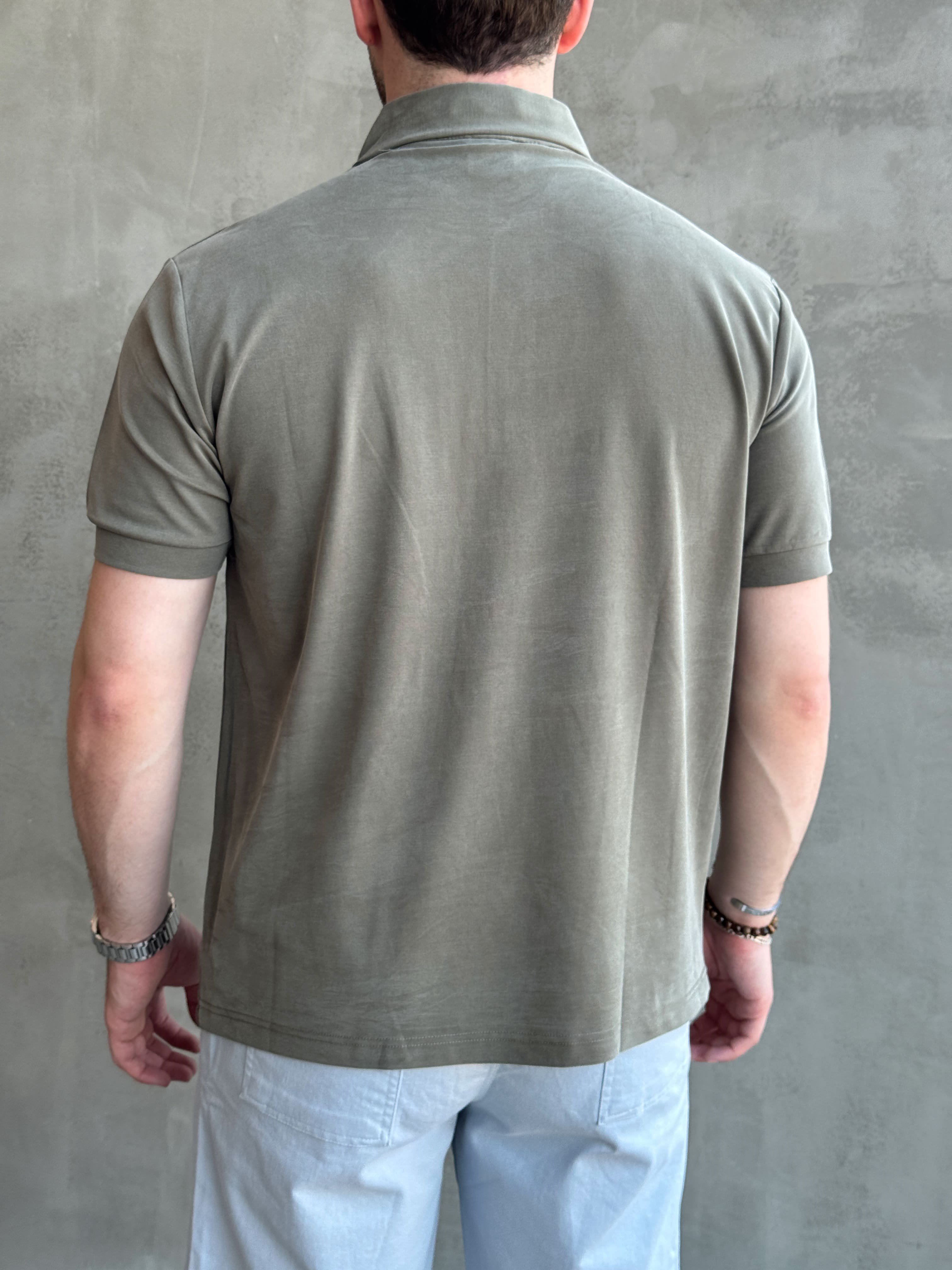 Erkek Kaliteli Kumaş Oversize Kalıp Düğme Detaylı Polo Yaka T-Shirt-Haki(E1746)Ketench