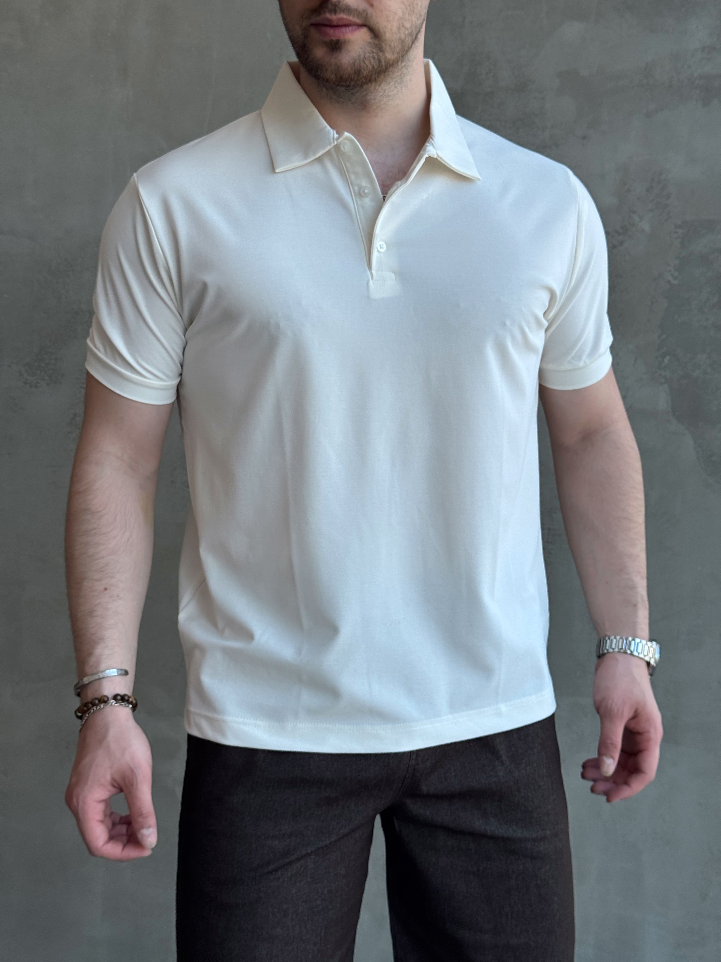 Erkek Kaliteli Kumaş Oversize Kalıp Düğme Detaylı Polo Yaka T-Shirt-Beyaz(E1746)Ketench