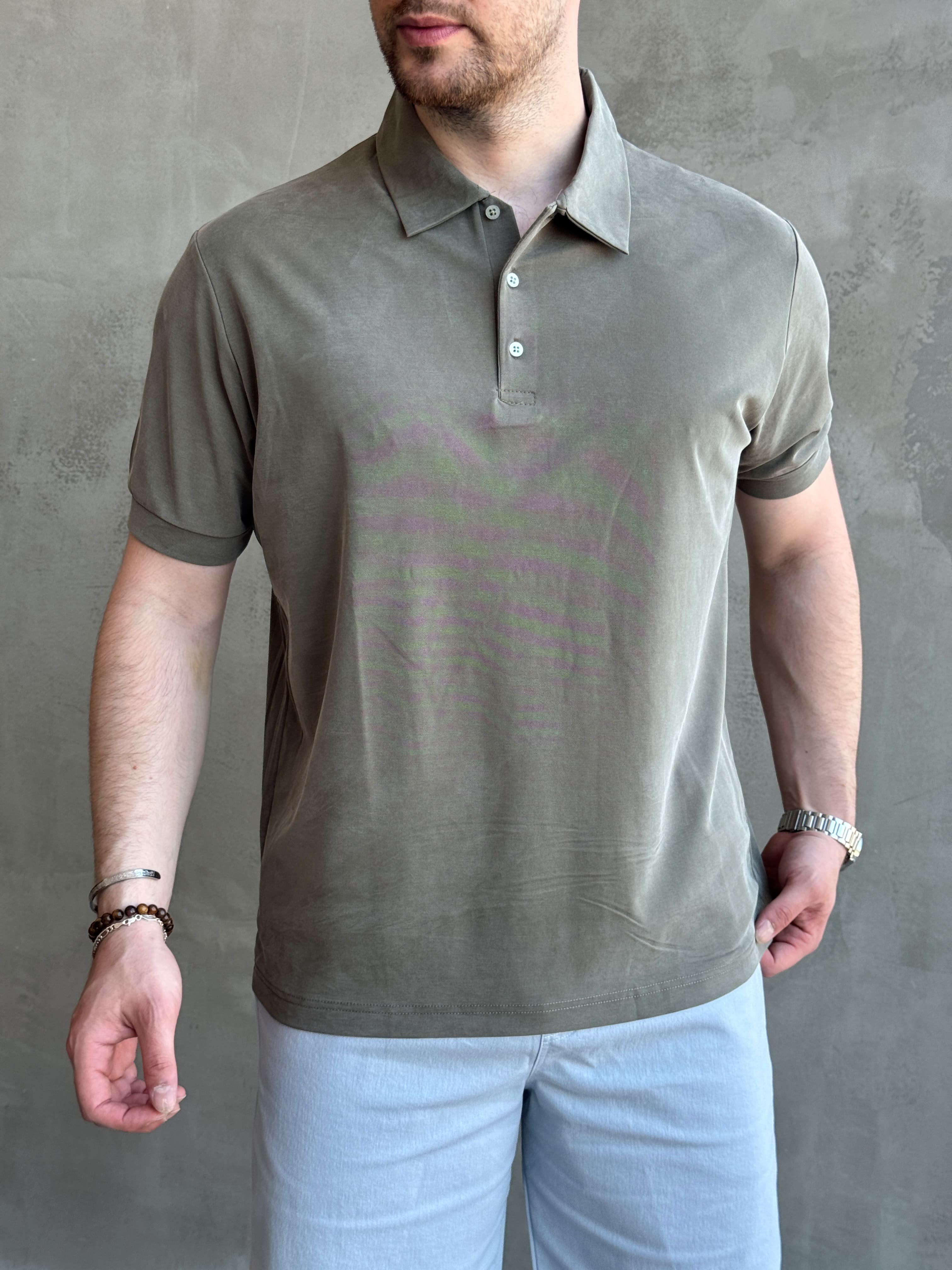 Erkek Kaliteli Kumaş Oversize Kalıp Düğme Detaylı Polo Yaka T-Shirt-Haki(E1746)Ketench