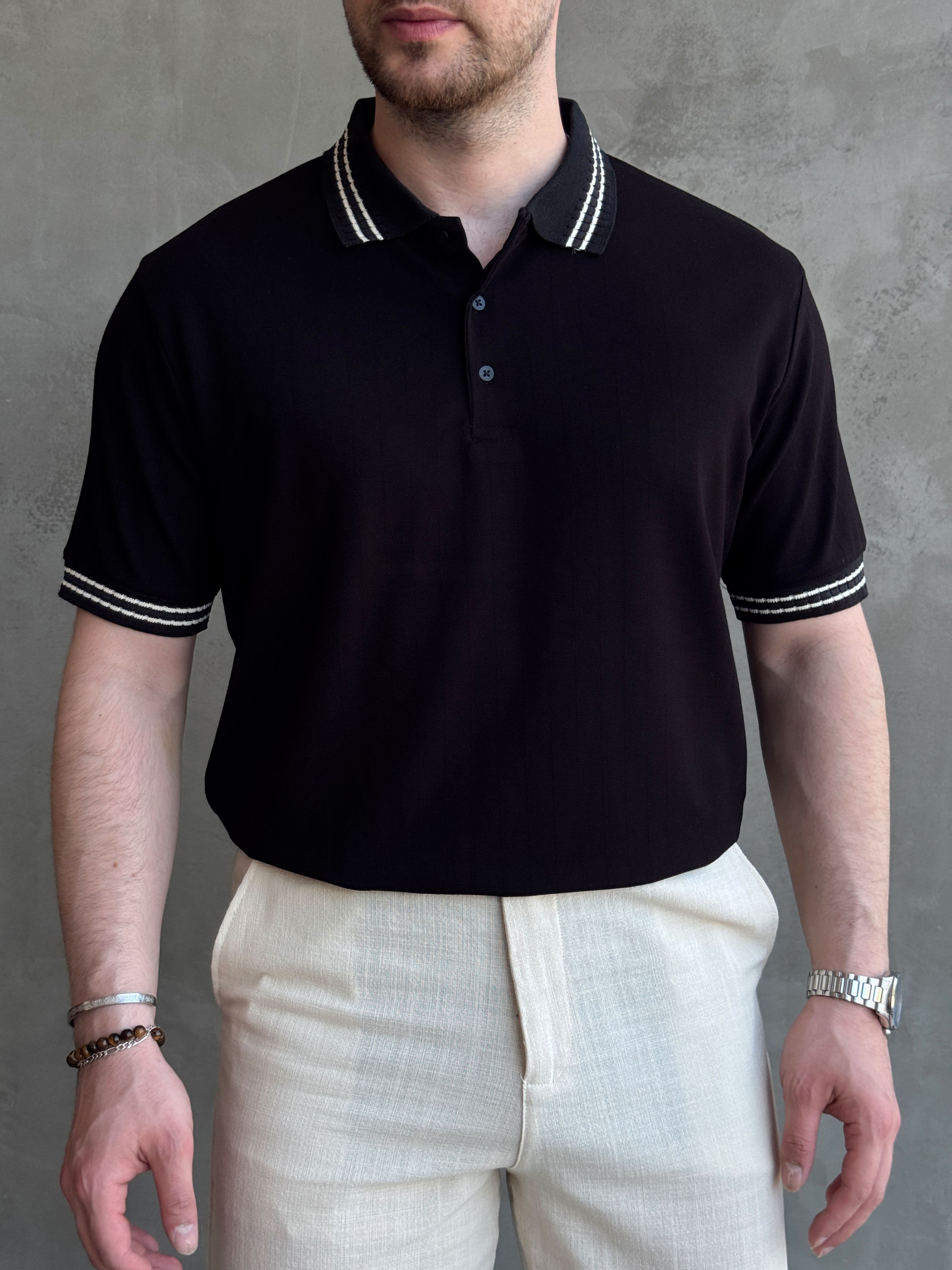 Erkek Kaliteli Kumaş Oversize Kalıp Örme Çizgi Detaylı Düğmeli Polo Yaka T-Shirt-Siyah(E1747)Ketench