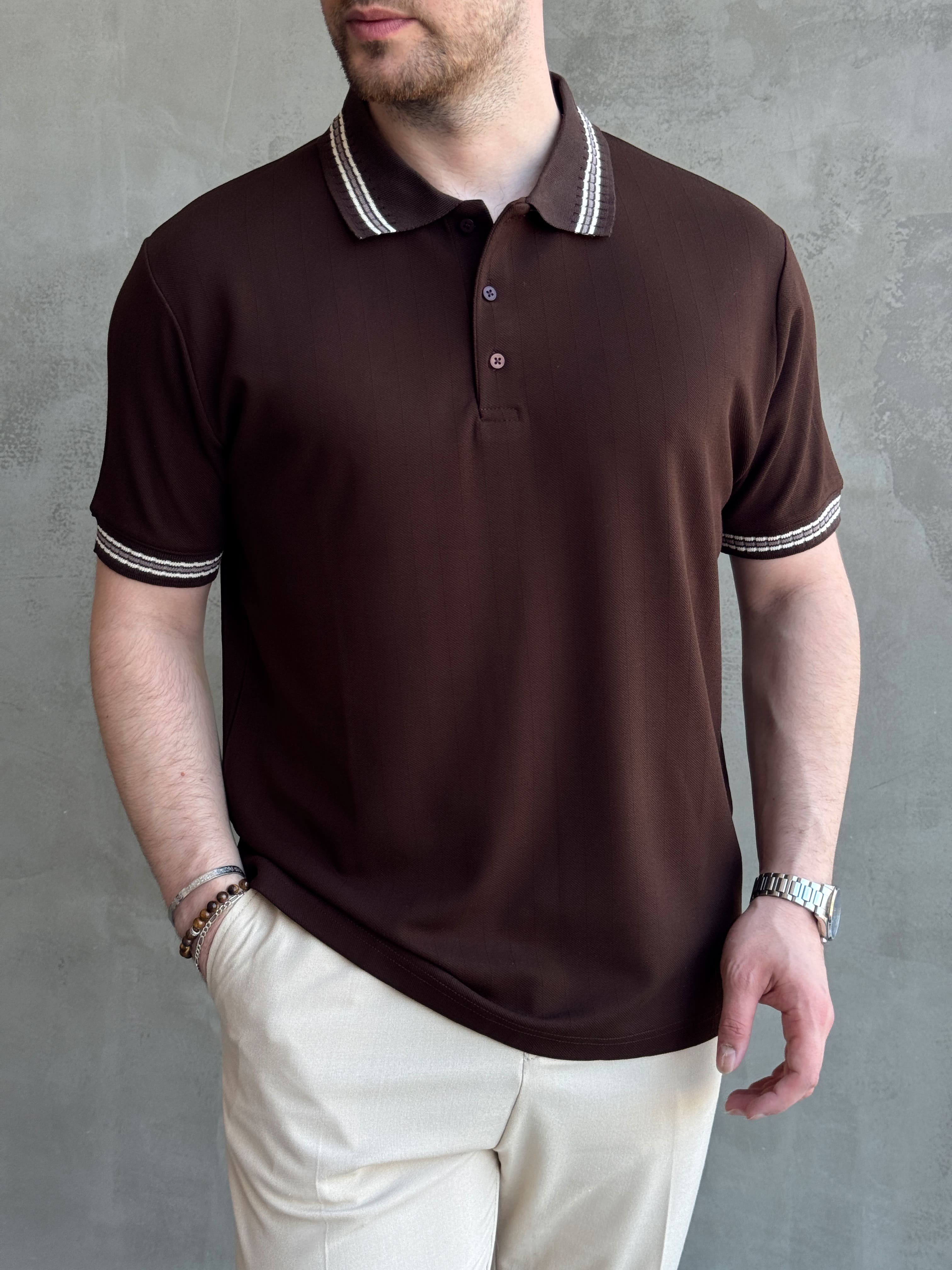 Erkek Kaliteli Kumaş Oversize Kalıp Örme Çizgi Detaylı Düğmeli Polo Yaka T-Shirt-Kahverengi(E1747)Ketench