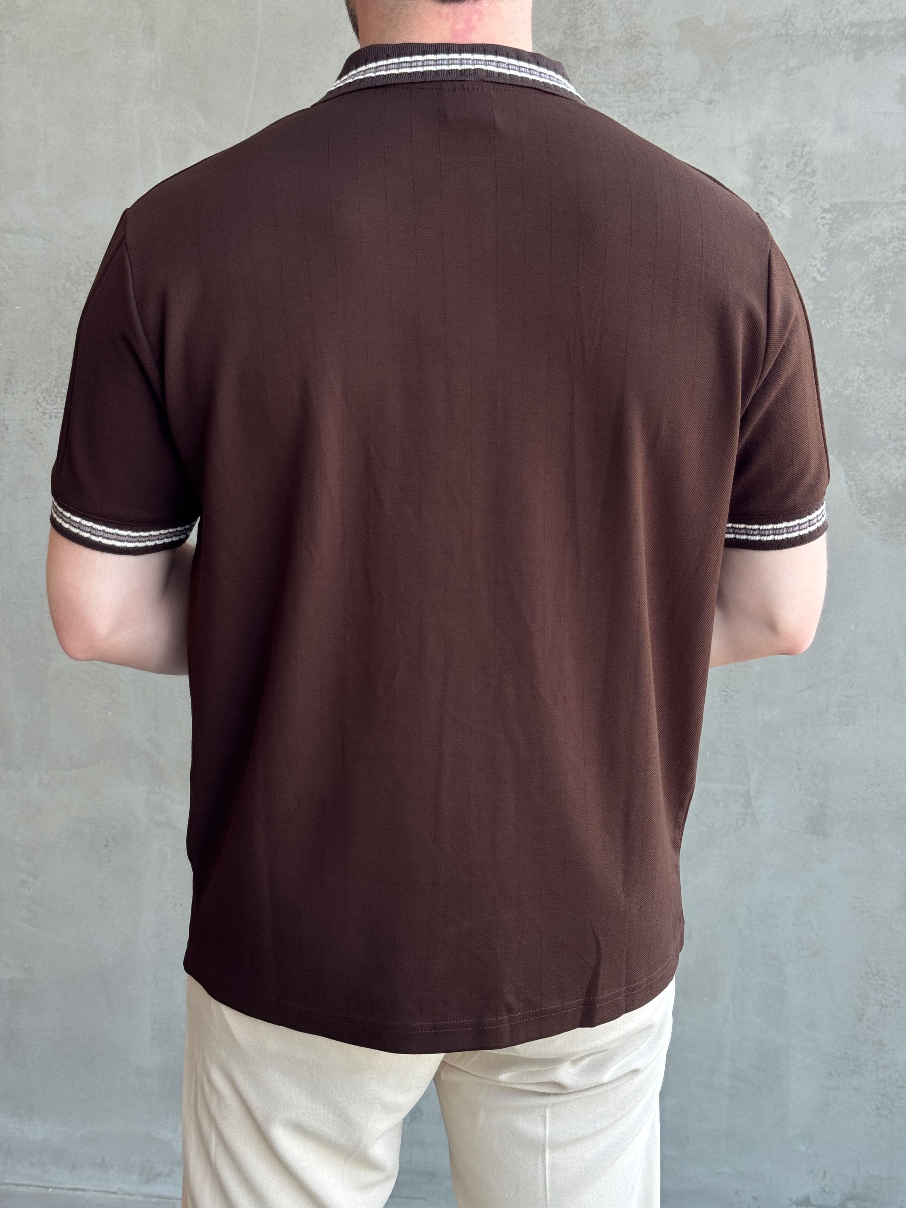 Erkek Kaliteli Kumaş Oversize Kalıp Örme Çizgi Detaylı Düğmeli Polo Yaka T-Shirt-Kahverengi(E1747)Ketench