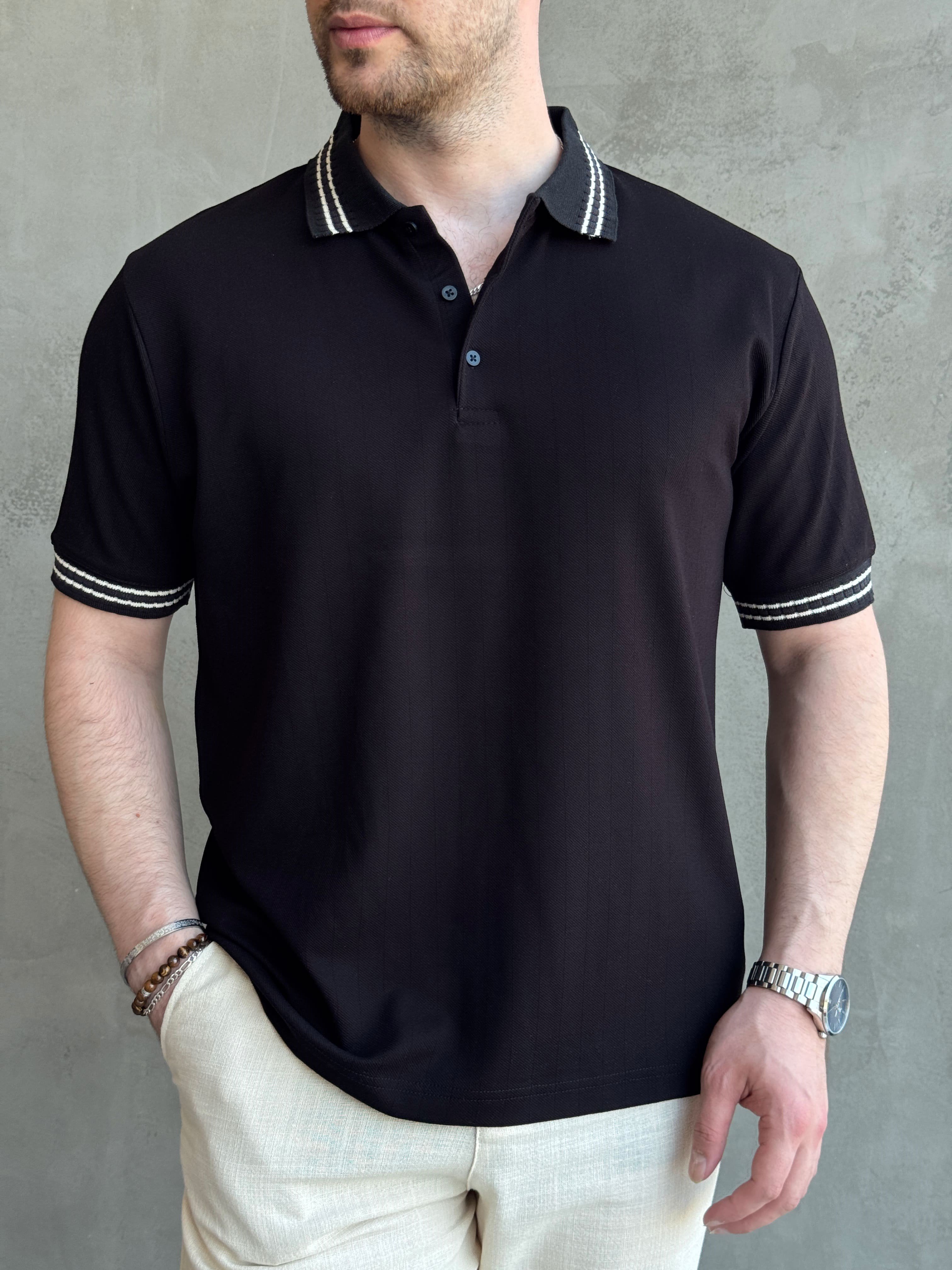 Erkek Kaliteli Kumaş Oversize Kalıp Örme Çizgi Detaylı Düğmeli Polo Yaka T-Shirt-Siyah(E1747)Ketench