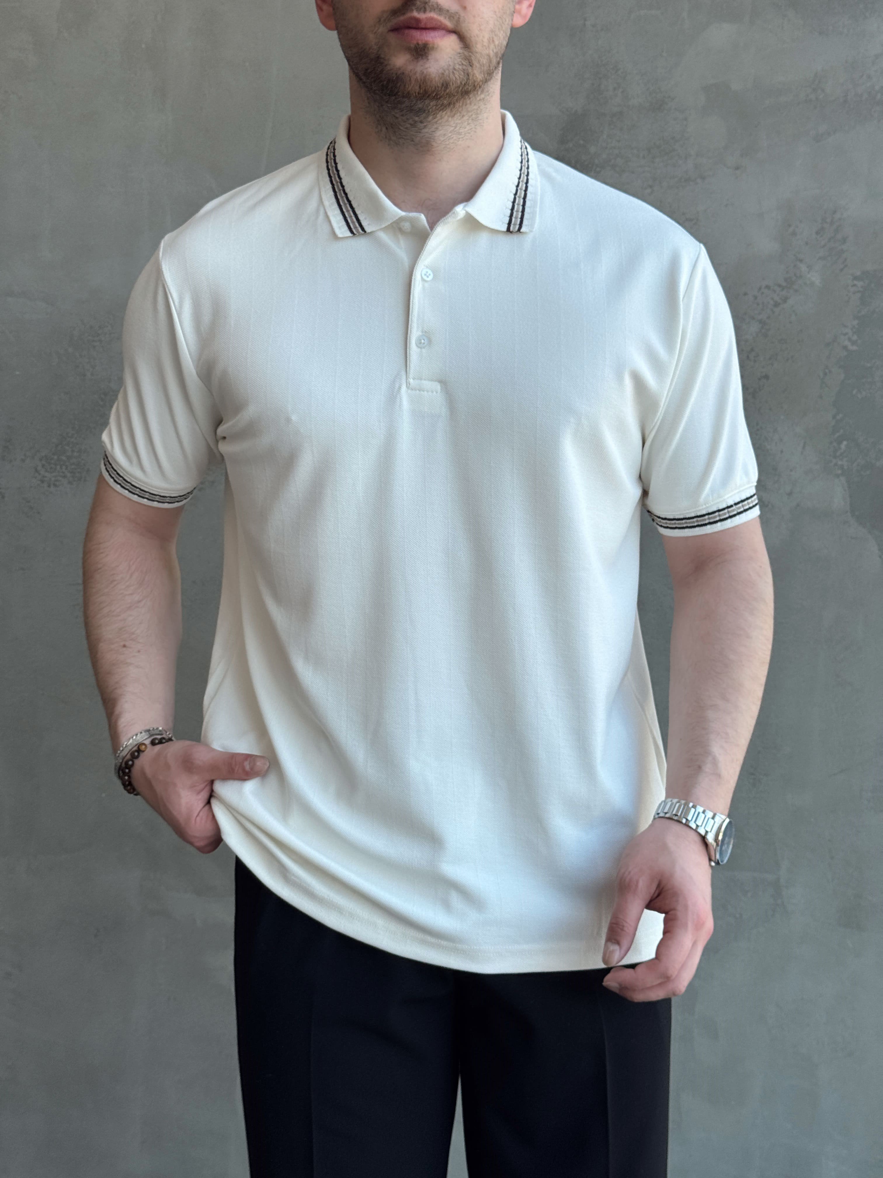 Erkek Kaliteli Kumaş Oversize Kalıp Örme Çizgi Detaylı Düğmeli Polo Yaka T-Shirt-Beyaz(E1747)Ketench