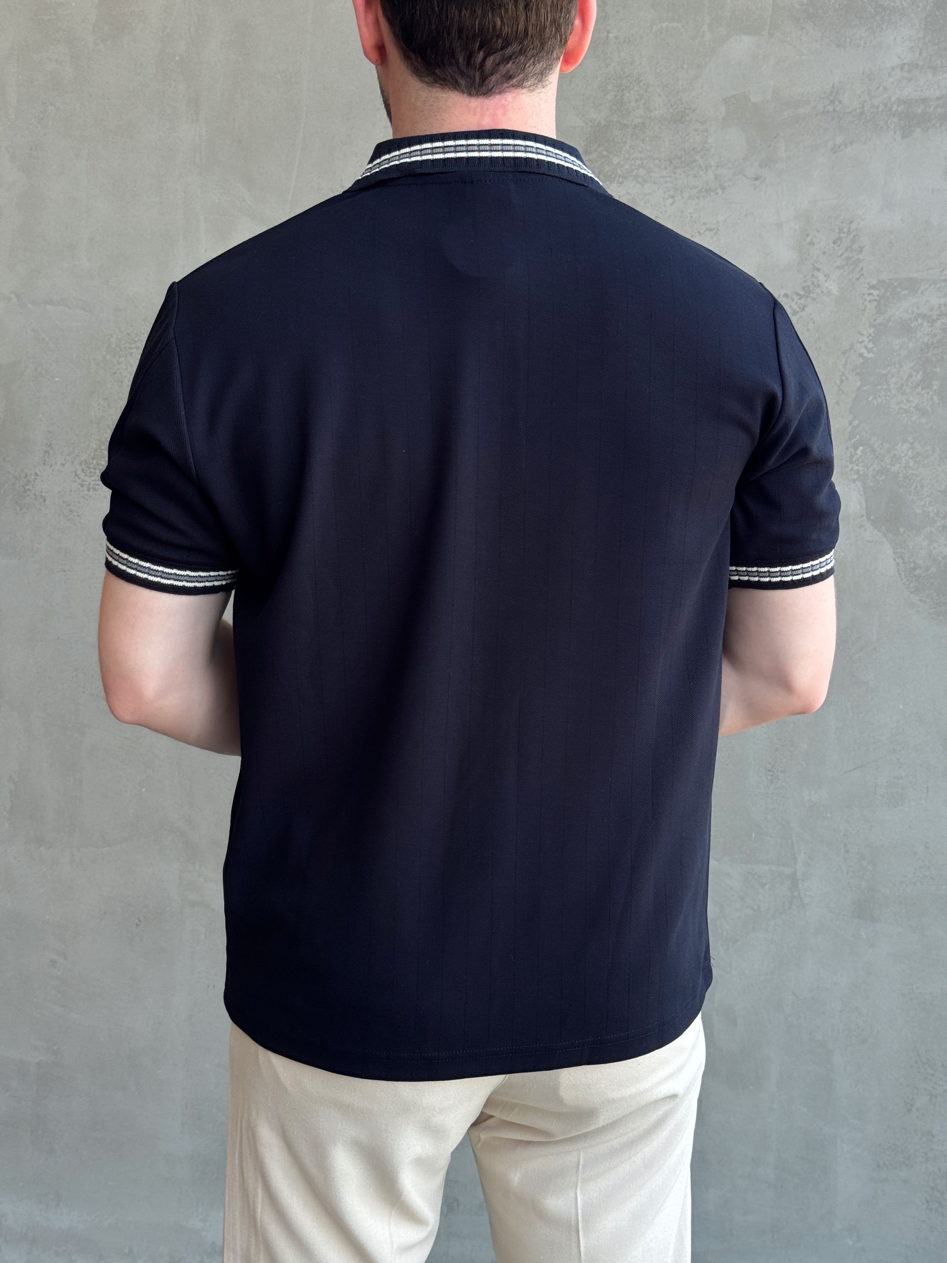 Erkek Kaliteli Kumaş Oversize Kalıp Örme Çizgi Detaylı Düğmeli Polo Yaka T-Shirt-Lacivert(E1747)Ketench