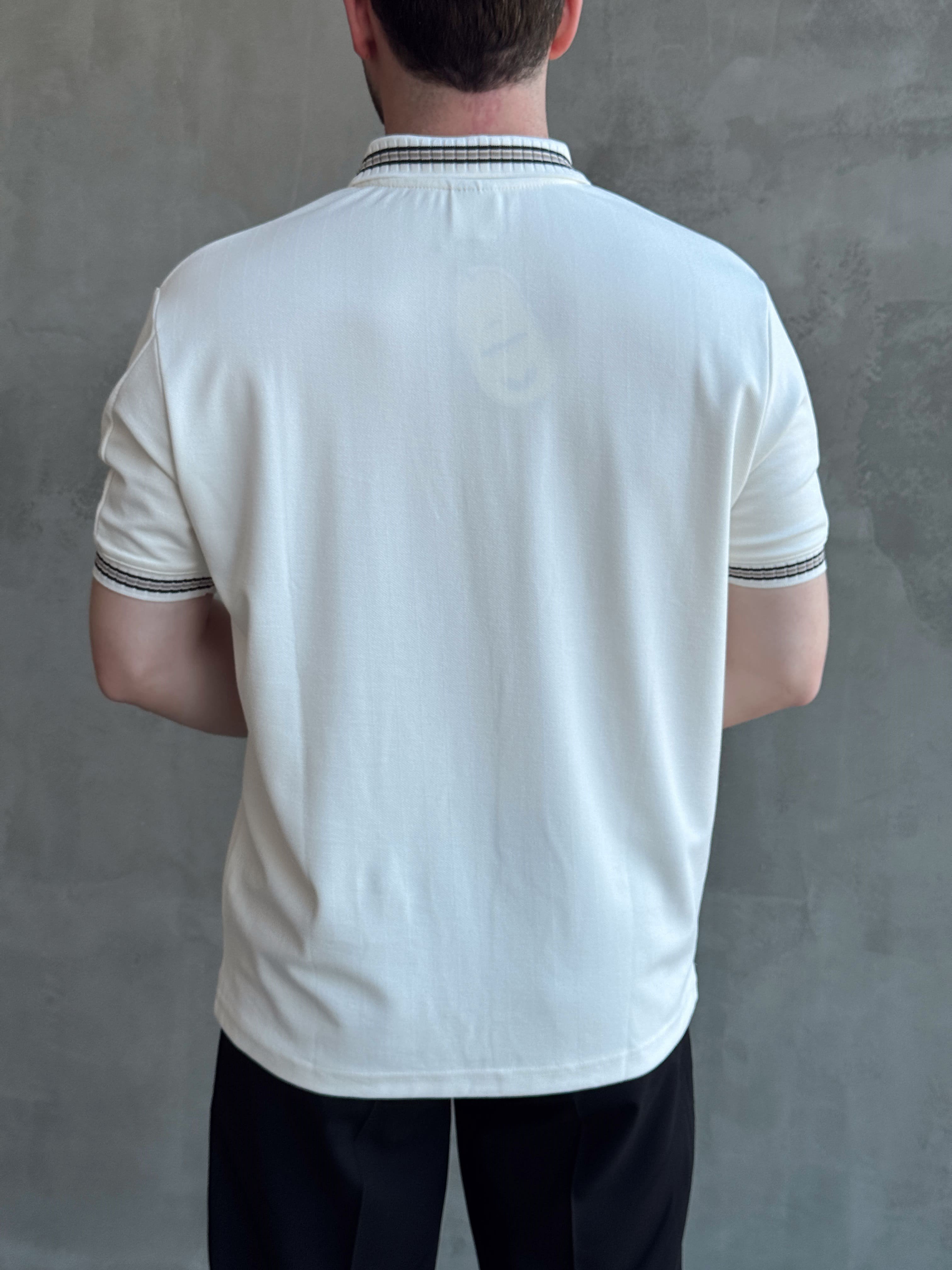 Erkek Kaliteli Kumaş Oversize Kalıp Örme Çizgi Detaylı Düğmeli Polo Yaka T-Shirt-Beyaz(E1747)Ketench
