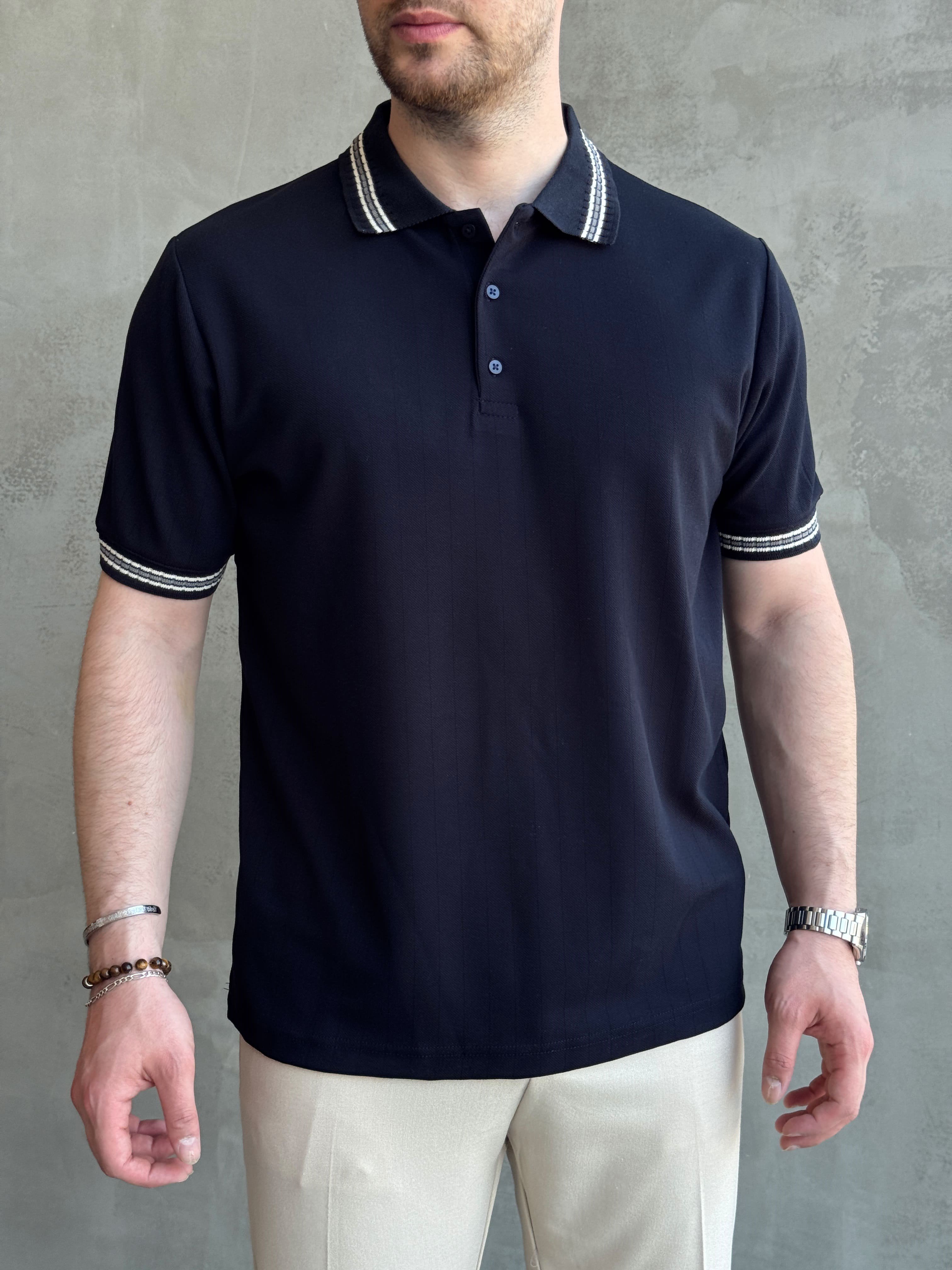 Erkek Kaliteli Kumaş Oversize Kalıp Örme Çizgi Detaylı Düğmeli Polo Yaka T-Shirt-Lacivert(E1747)Ketench