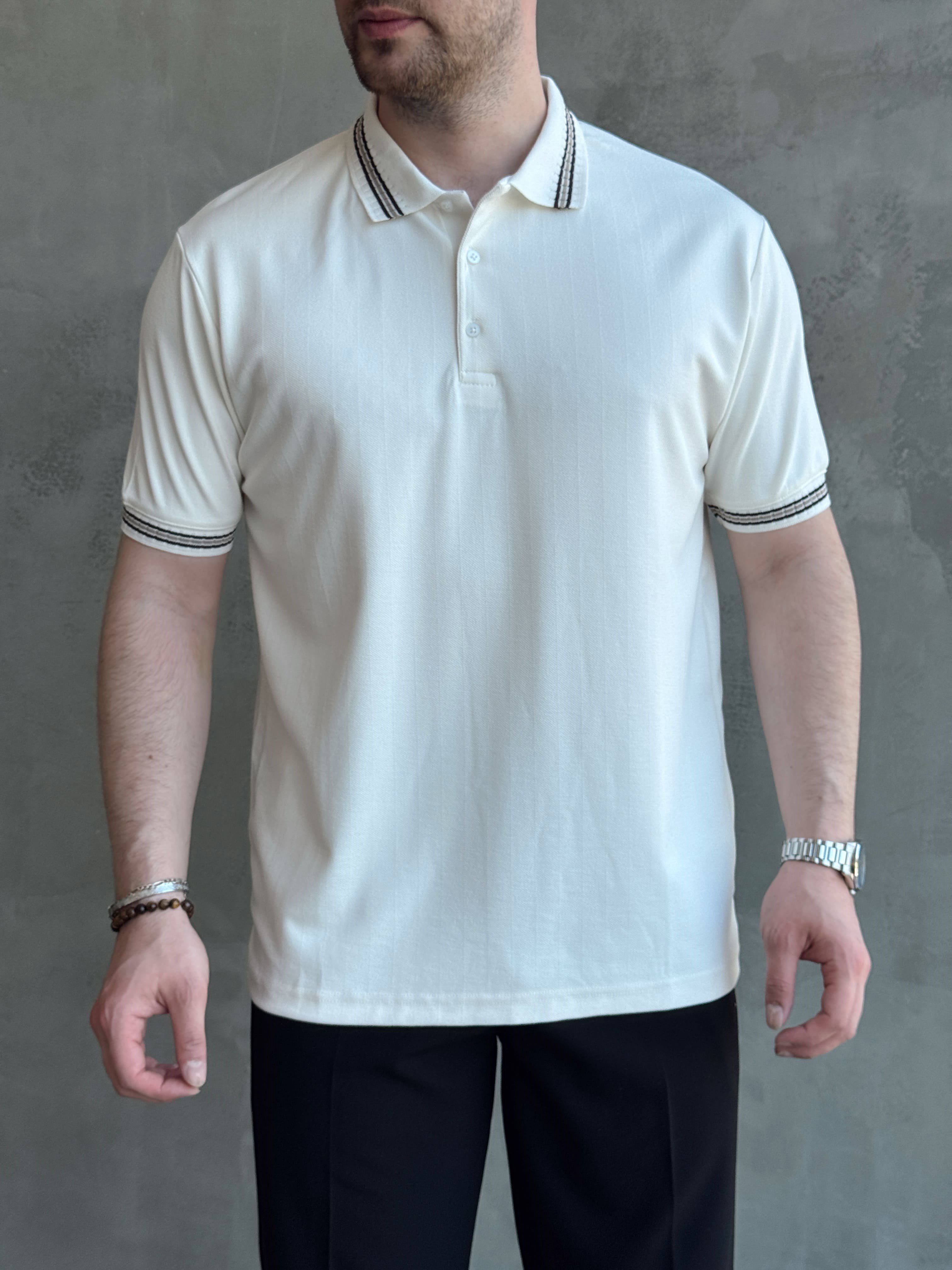 Erkek Kaliteli Kumaş Oversize Kalıp Örme Çizgi Detaylı Düğmeli Polo Yaka T-Shirt-Beyaz(E1747)Ketench