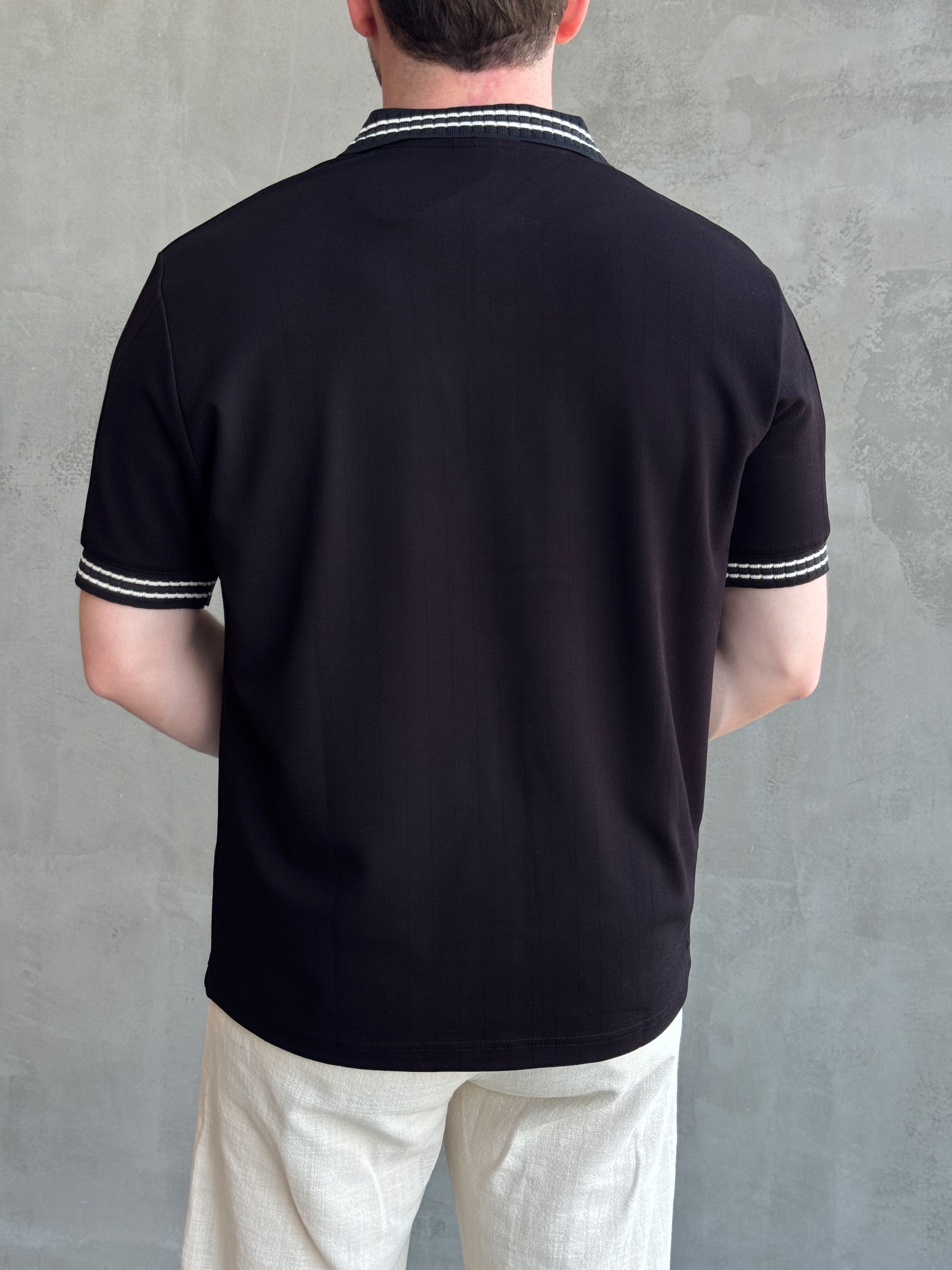 Erkek Kaliteli Kumaş Oversize Kalıp Örme Çizgi Detaylı Düğmeli Polo Yaka T-Shirt-Siyah(E1747)Ketench