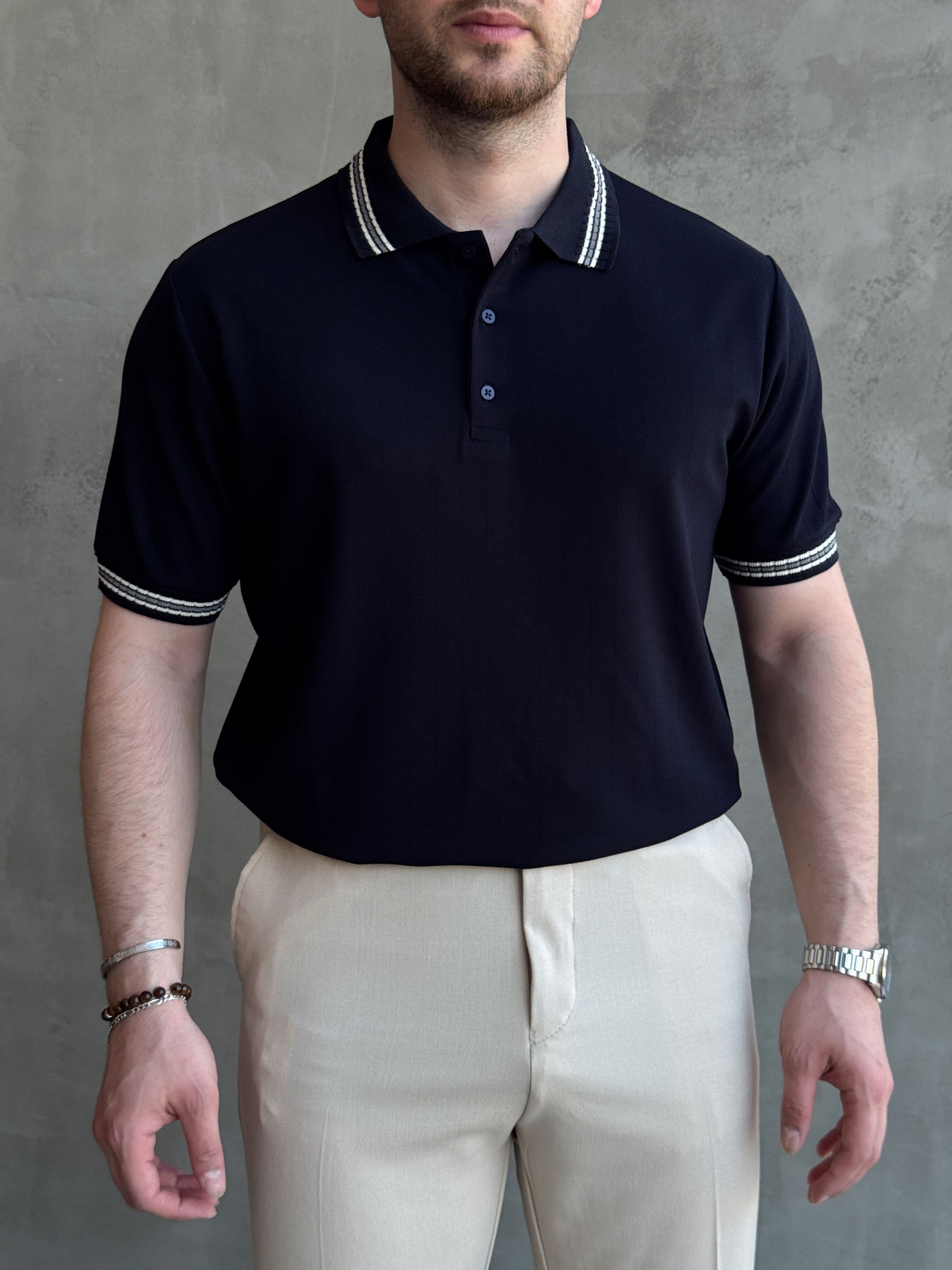 Erkek Kaliteli Kumaş Oversize Kalıp Örme Çizgi Detaylı Düğmeli Polo Yaka T-Shirt-Lacivert(E1747)Ketench