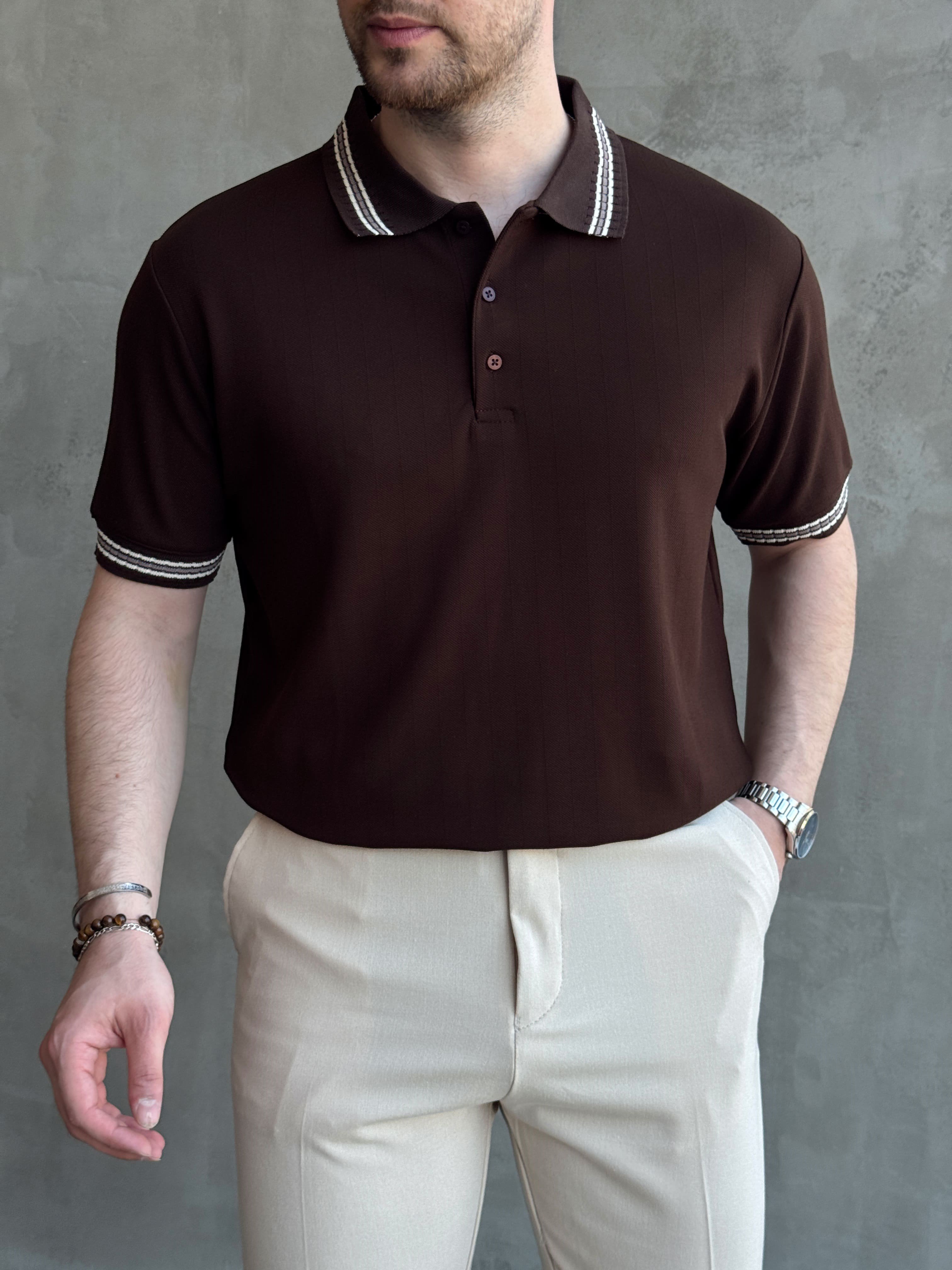 Erkek Kaliteli Kumaş Oversize Kalıp Örme Çizgi Detaylı Düğmeli Polo Yaka T-Shirt-Kahverengi(E1747)Ketench