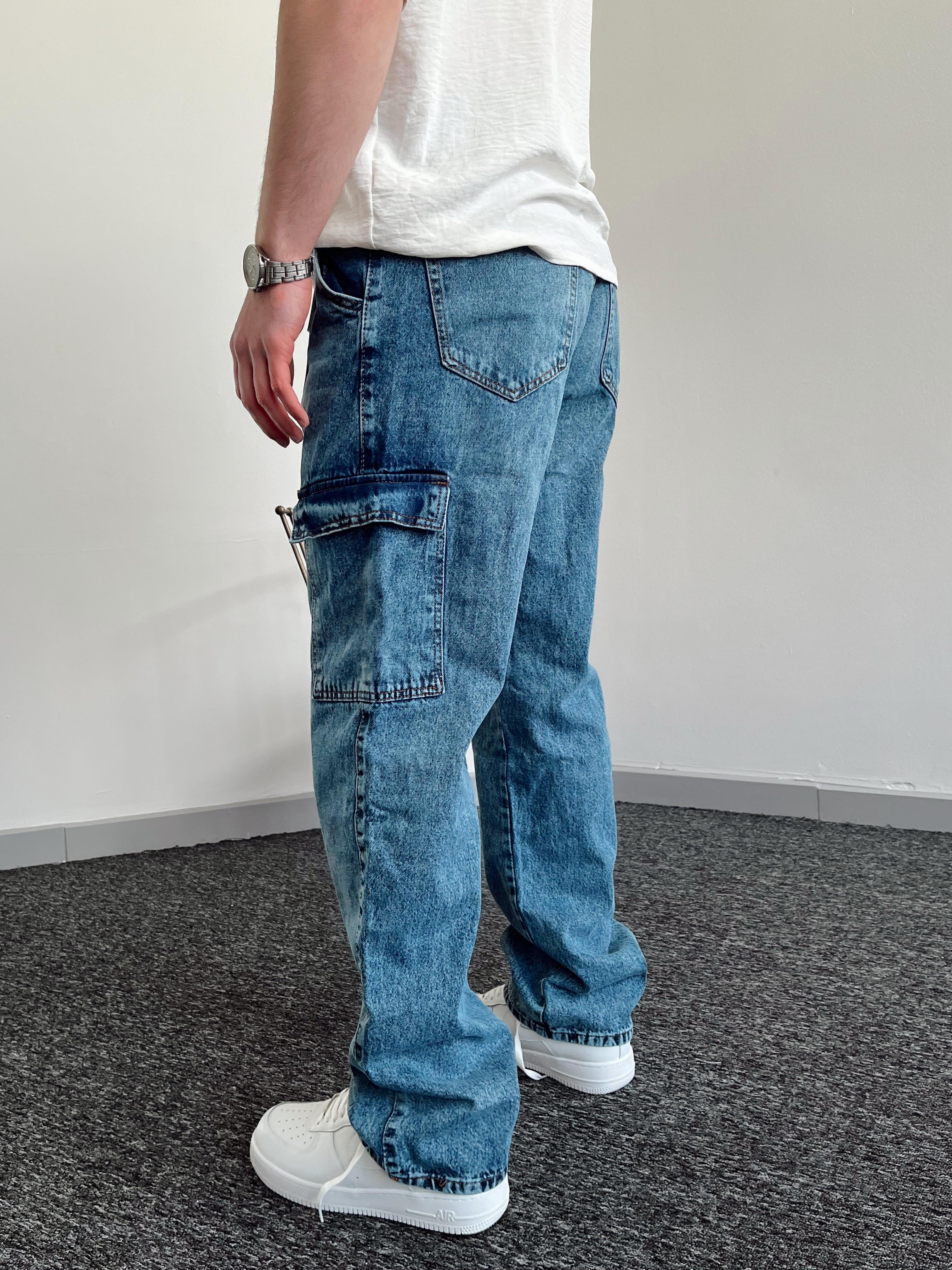 Erkek Kargo Cepli Gabardin Baggy Pantolon-Mavi(E1001)Ketench