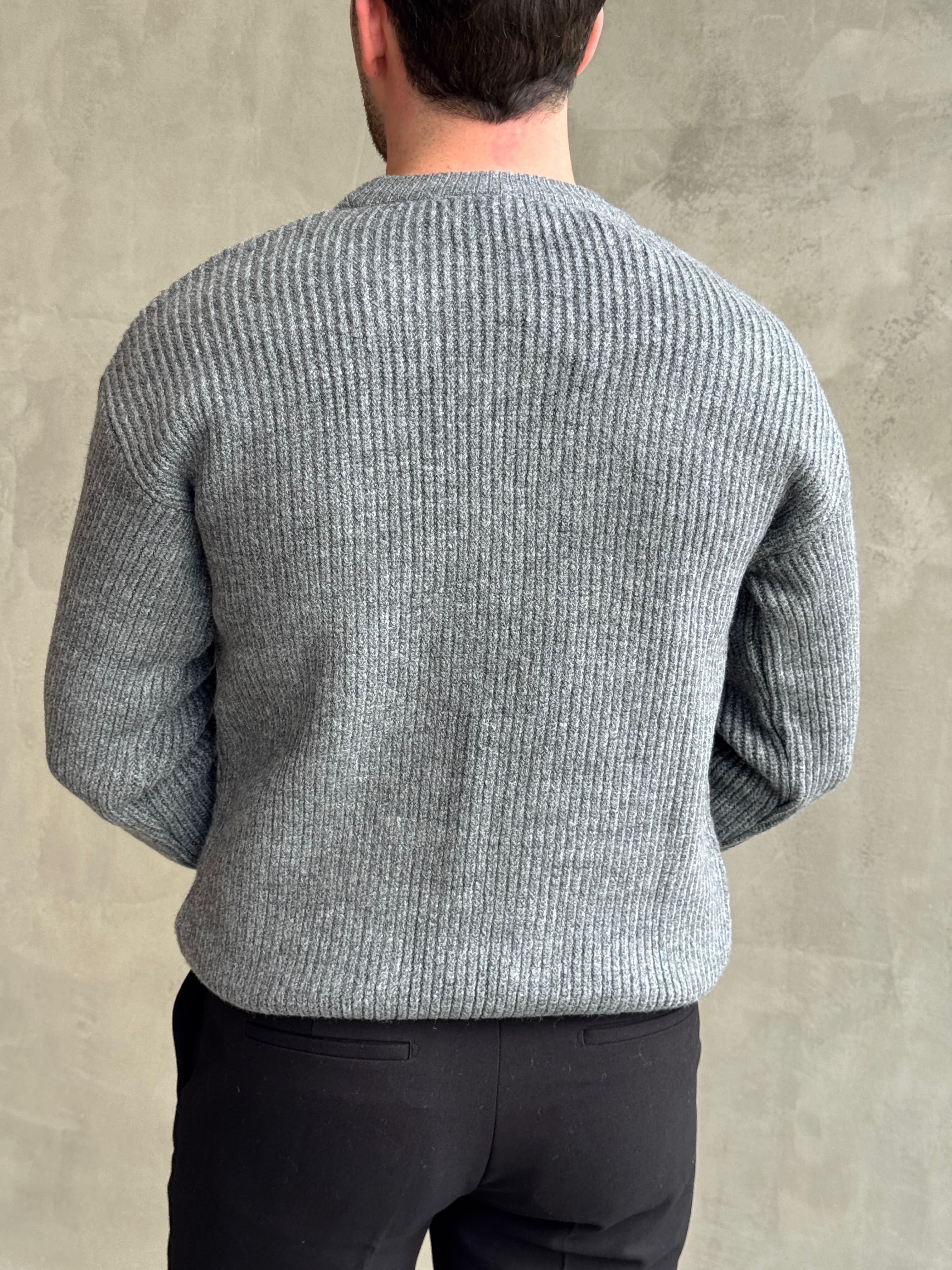 Erkek Ketench Özel Koleksiyon Oversize Kalıp Bsiklet Yaka Desenli Triko Kazak-Füme(E1548)Ketench
