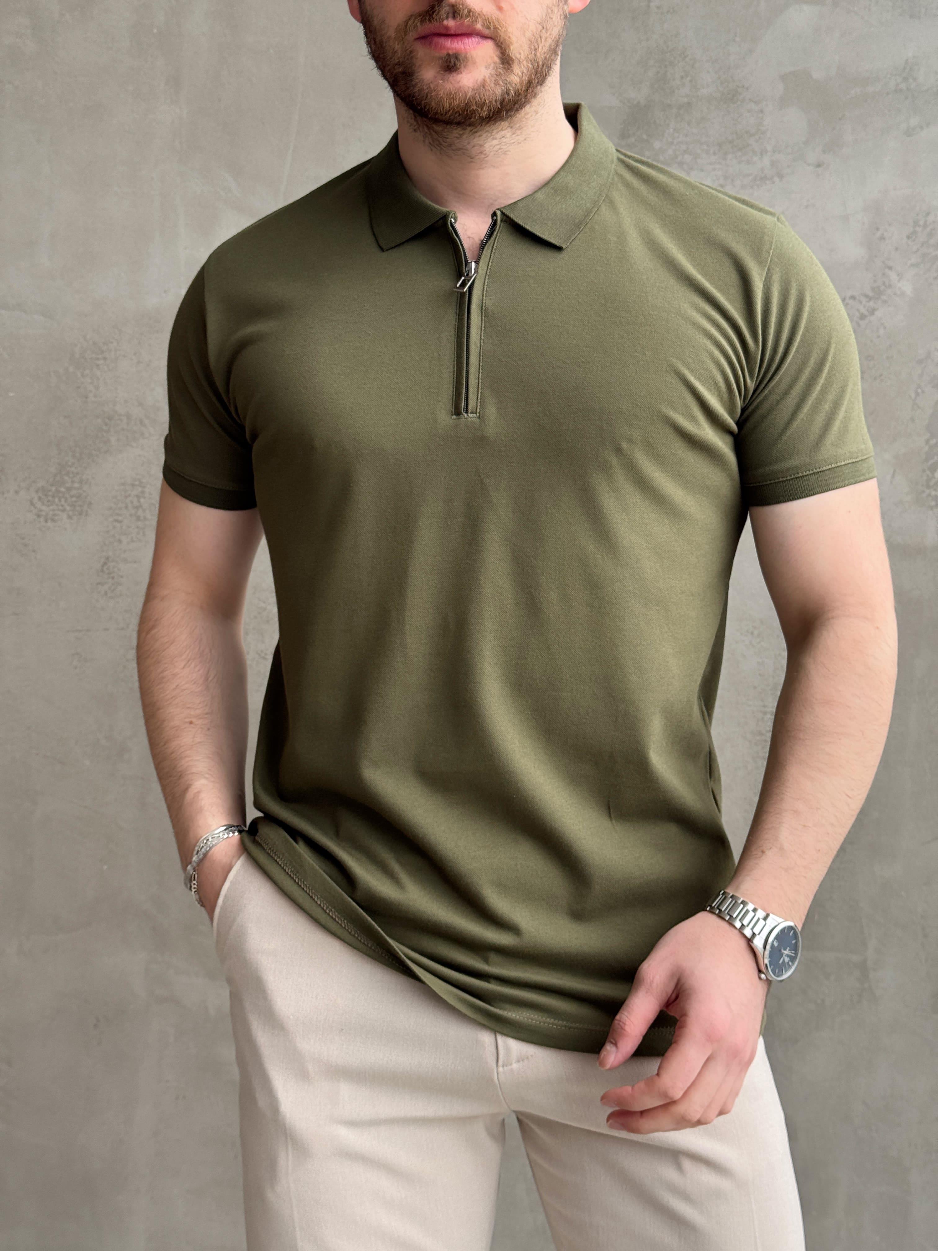 Erkek Ketench Özel Koleksiyon Regular Fit %100 Pamuk Fermuarlı Polo Yaka T-Shirt-Haki(E1639)Ketench