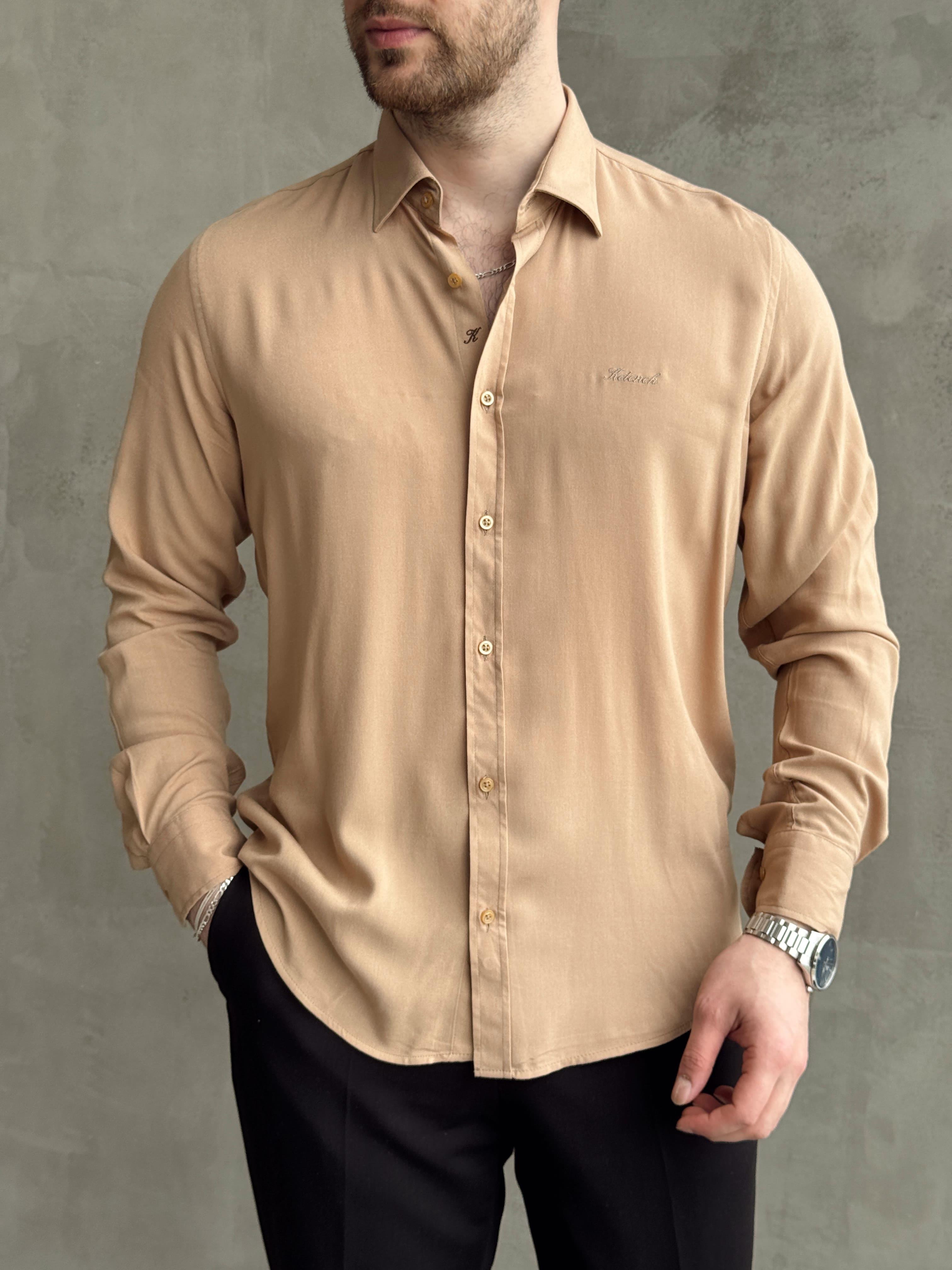 Erkek Ketench Özel Koleksiyon Regular Kalıp Ketench Nakış Detaylı Esnek Kumaş Gömlek-Camel(E1650)Ketench