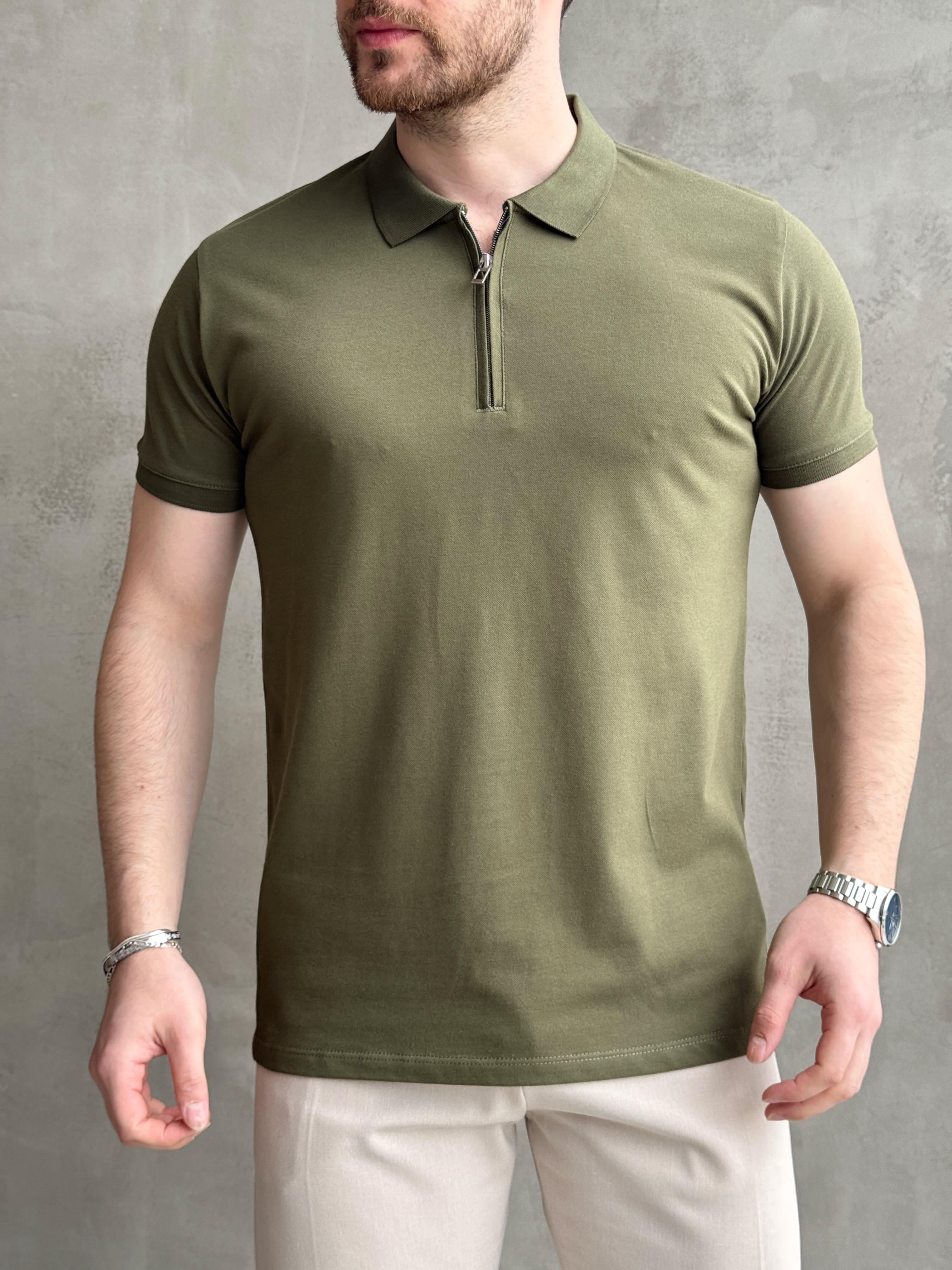 Erkek Ketench Özel Koleksiyon Regular Fit %100 Pamuk Fermuarlı Polo Yaka T-Shirt-Haki(E1639)Ketench