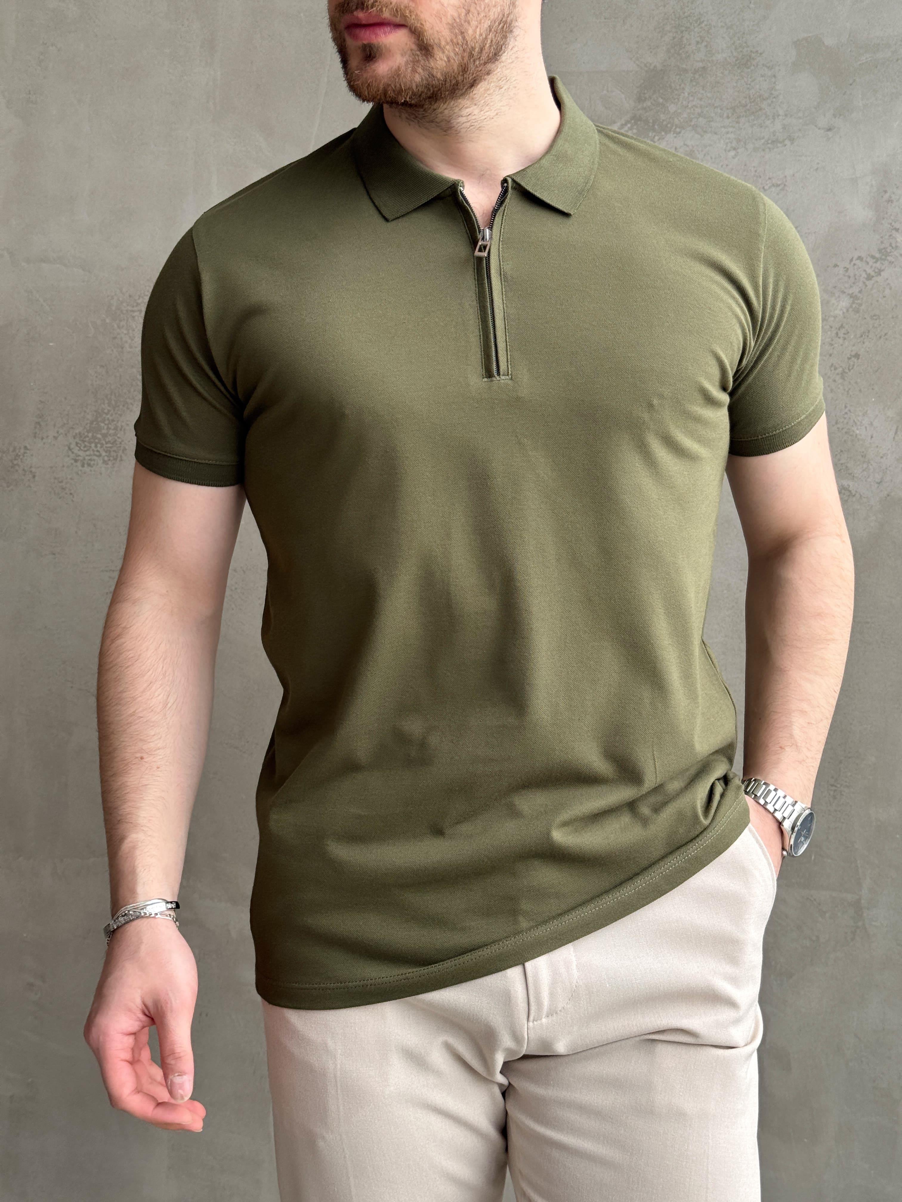 Erkek Ketench Özel Koleksiyon Regular Fit %100 Pamuk Fermuarlı Polo Yaka T-Shirt-Haki(E1639)Ketench