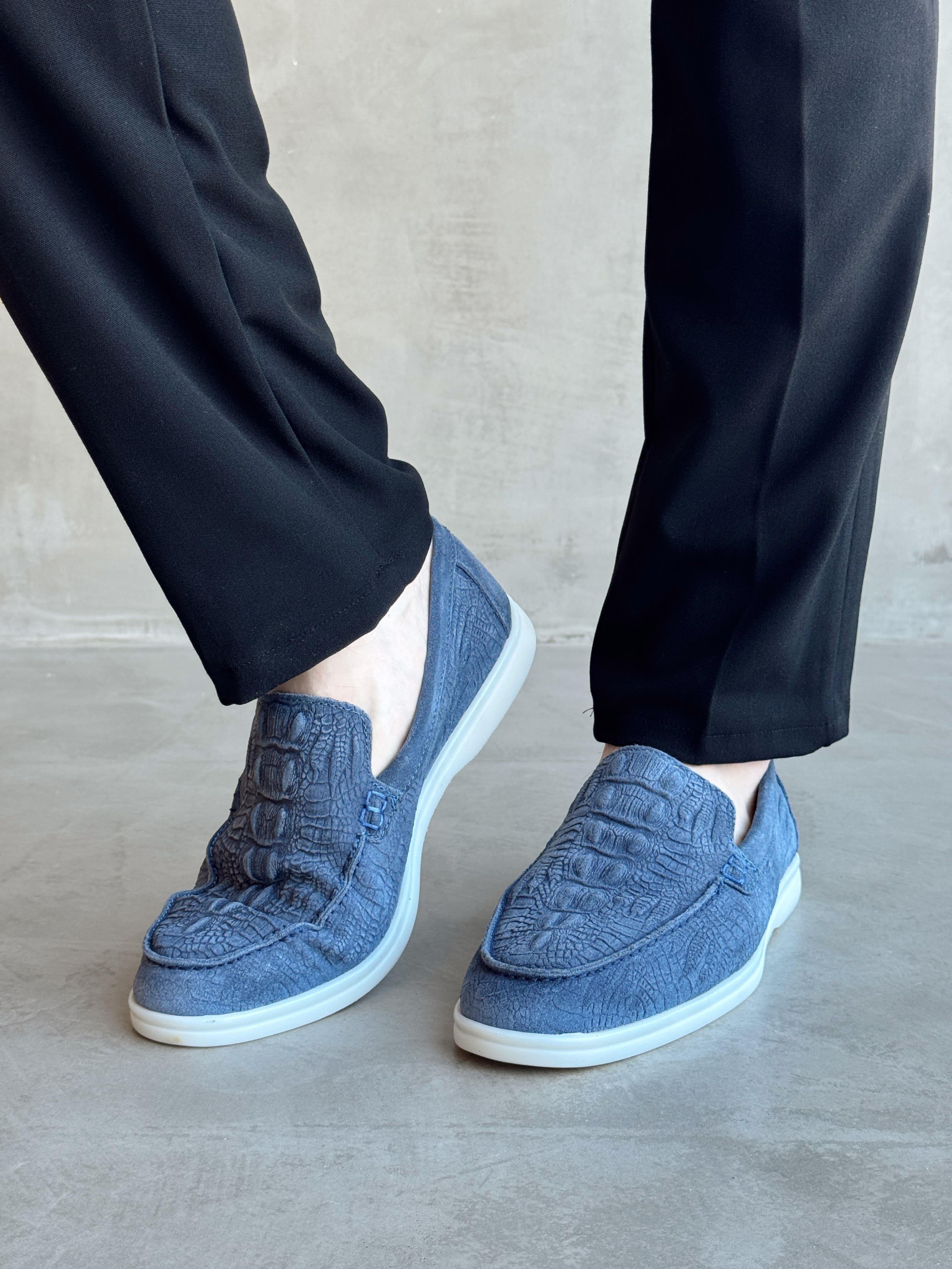 Erkek Ketench Özel Üretim Günlük Rahat %100 Süet Deri Loafer Ayakkabı-Mavi(E1660)Ketench