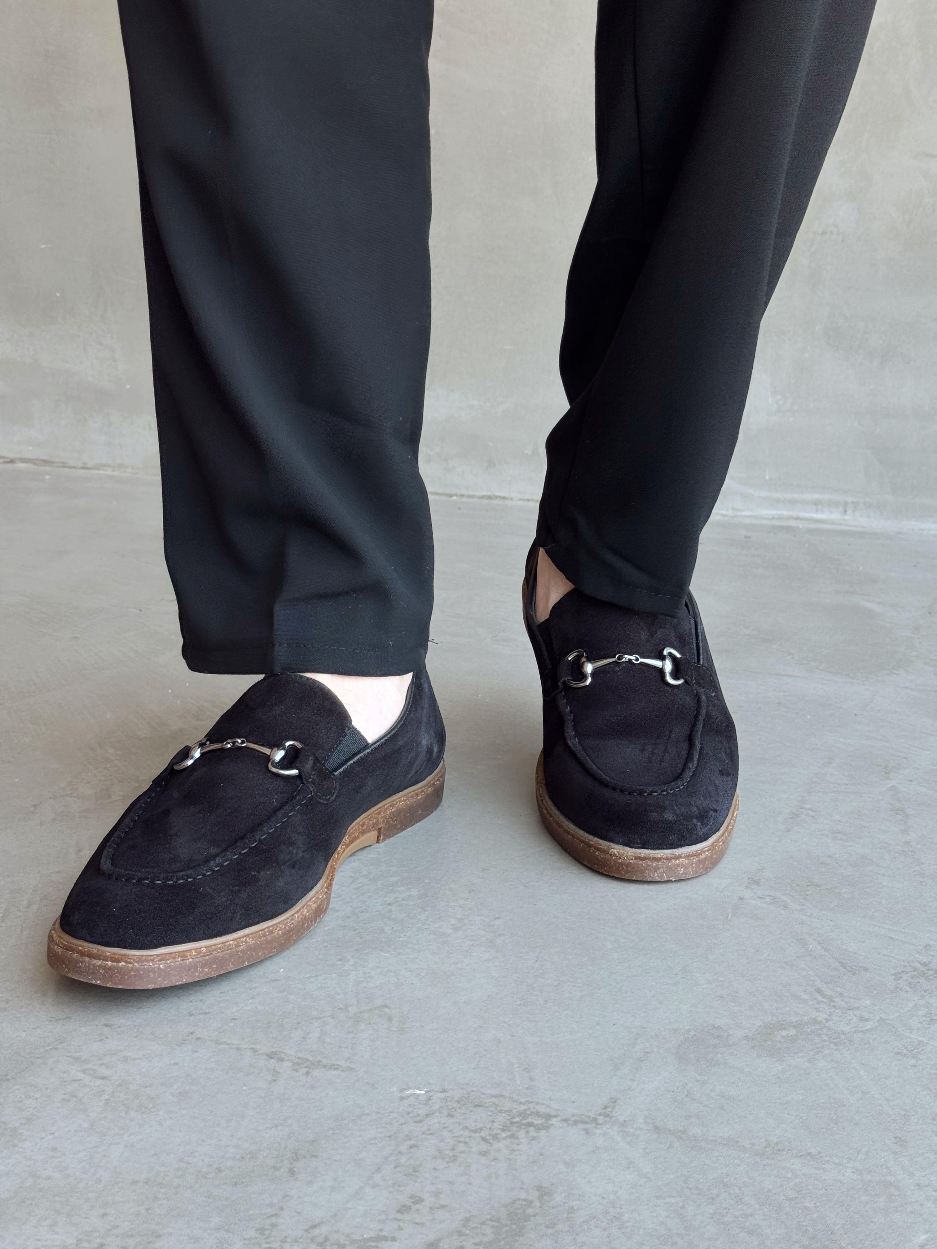 Erkek Ketench Özel Üretim Klasik Model %100 Deri Süet Toka Detaylı Loafer Ayakkabı-Siyah(E1684)Ketench