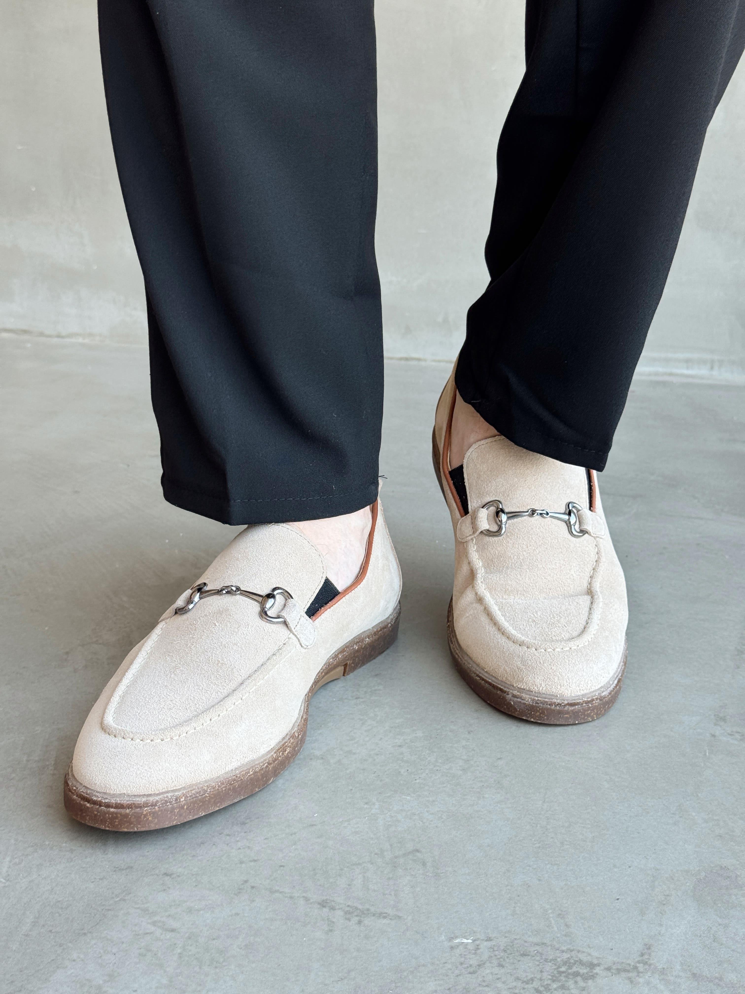 Erkek Ketench Özel Üretim Klasik Model %100 Deri Süet Toka Detaylı Loafer Ayakkabı-Bej(E1684)Ketench