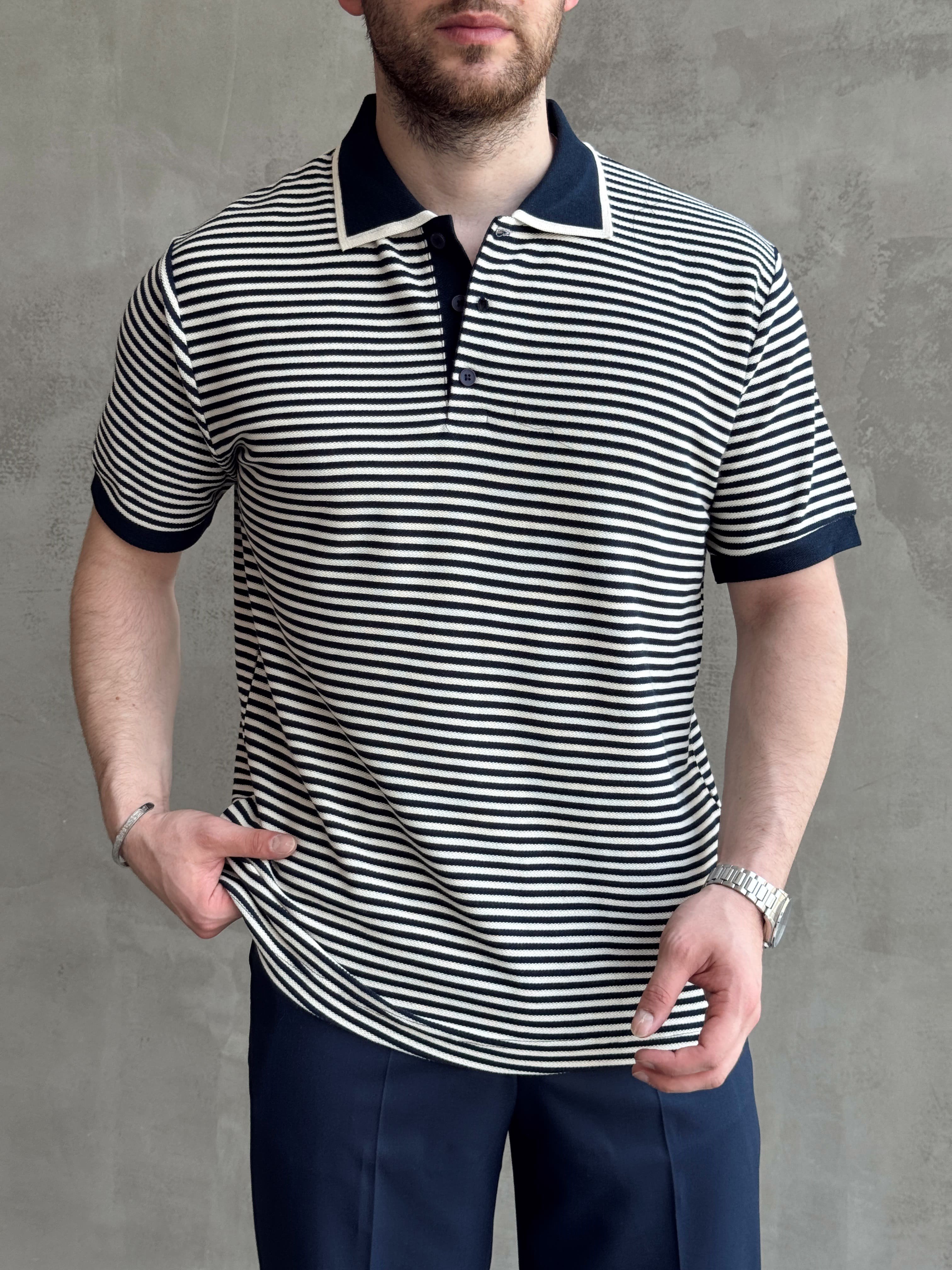 Erkek Kombinlenebilir Oversize Kalıp Çizgi Detaylı Polo Yaka Triko T-Shirt-Lacivert(E1768)Ketench