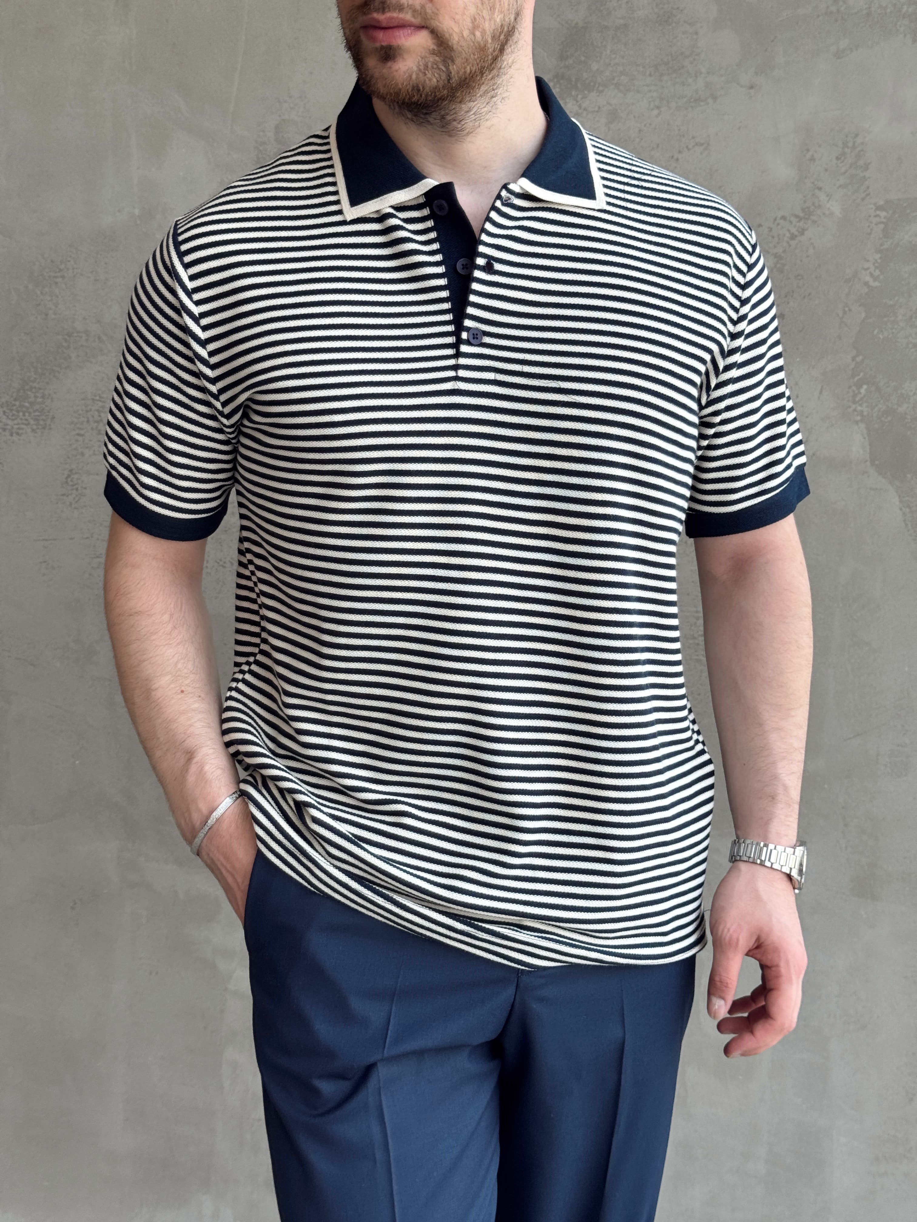 Erkek Kombinlenebilir Oversize Kalıp Çizgi Detaylı Polo Yaka Triko T-Shirt-Lacivert(E1768)Ketench