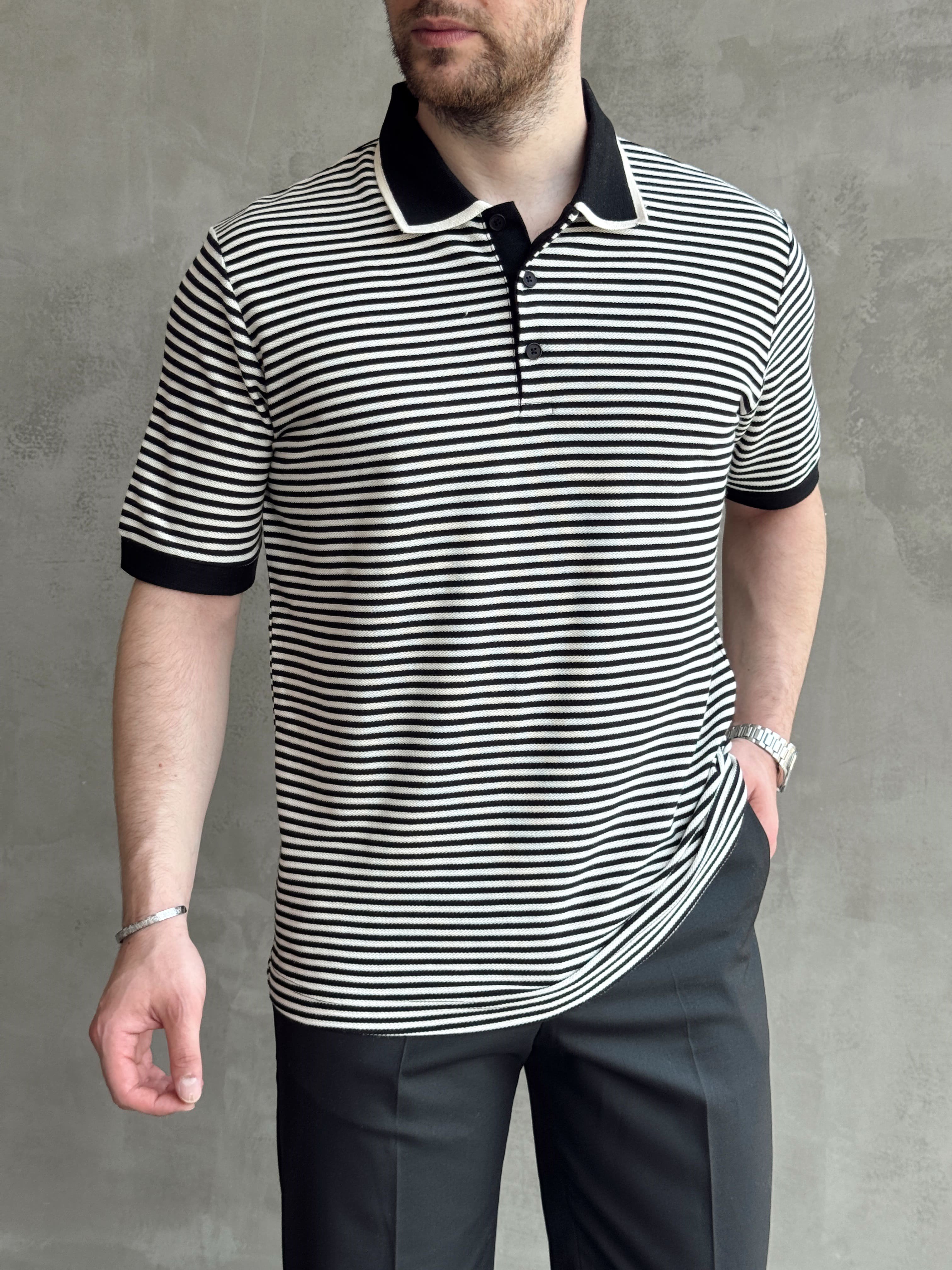 Erkek Kombinlenebilir Oversize Kalıp Çizgi Detaylı Polo Yaka Triko T-Shirt-Siyah(E1768)Ketench