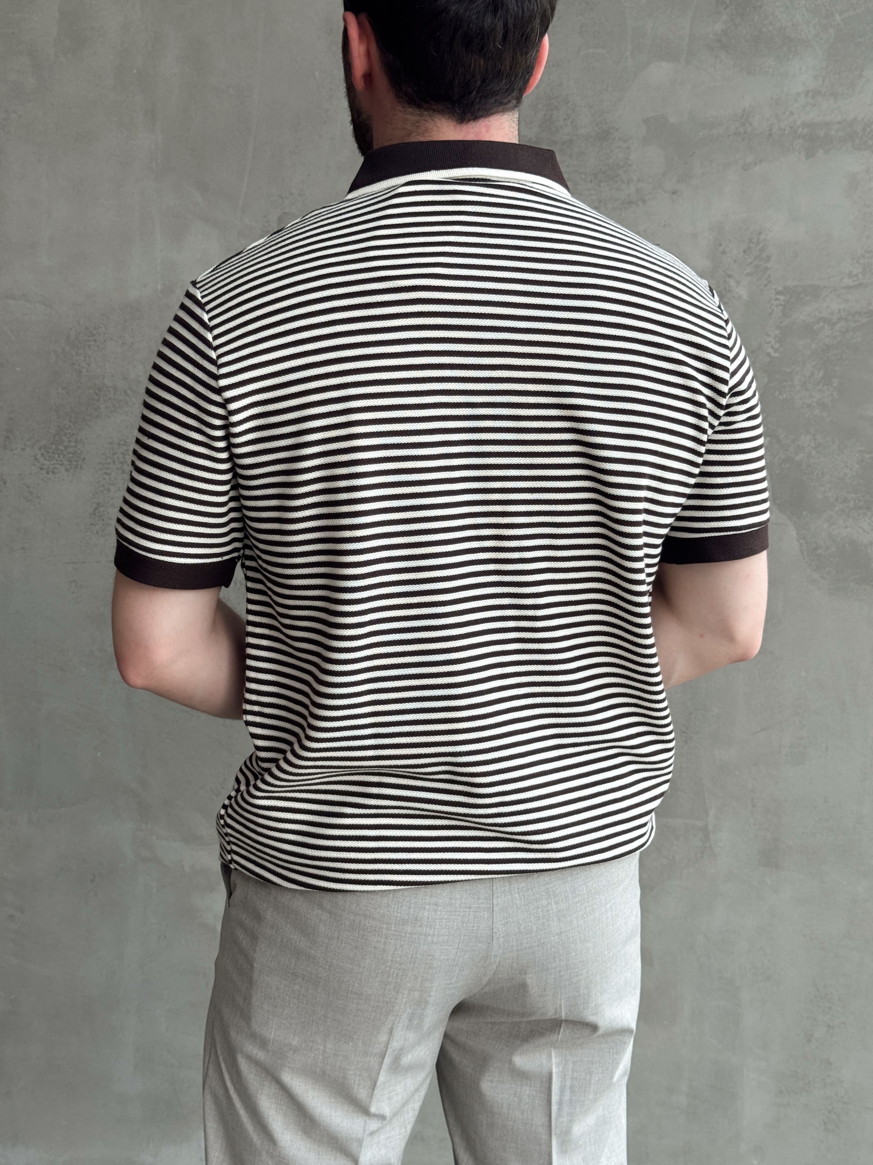 Erkek Kombinlenebilir Oversize Kalıp Çizgi Detaylı Polo Yaka Triko T-Shirt-Kahverengi(E1768)Ketench