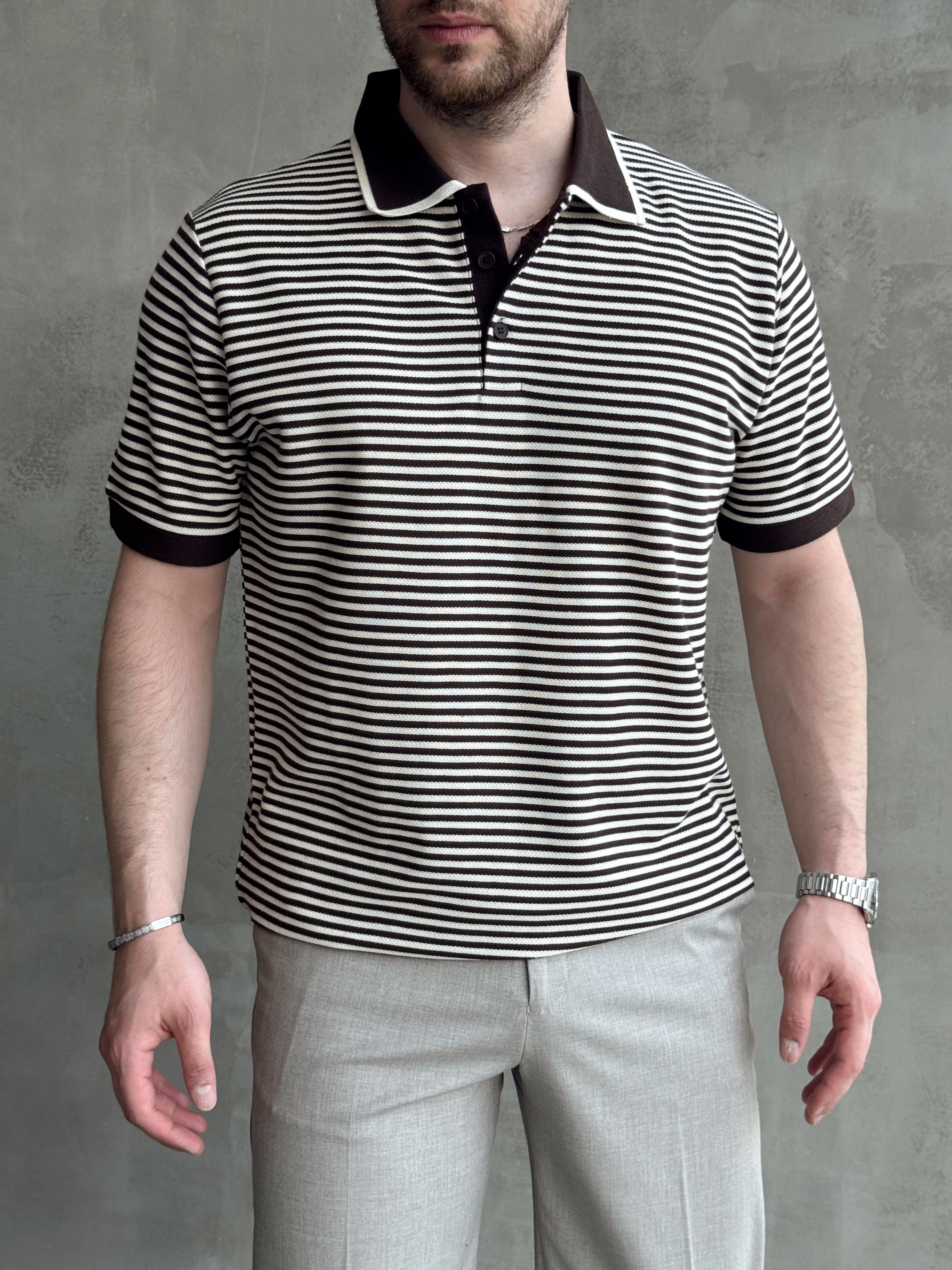 Erkek Kombinlenebilir Oversize Kalıp Çizgi Detaylı Polo Yaka Triko T-Shirt-Kahverengi(E1768)Ketench