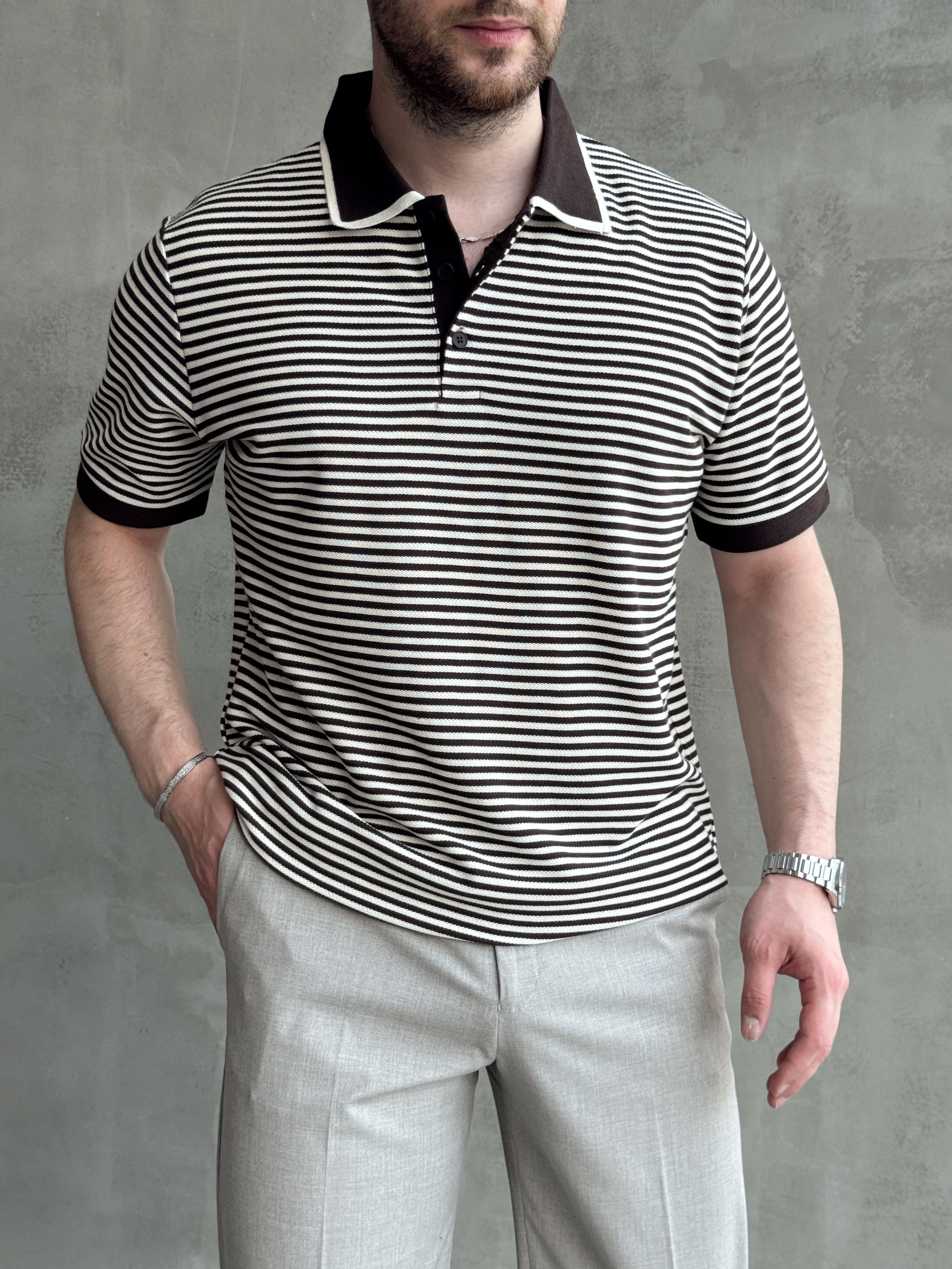 Erkek Kombinlenebilir Oversize Kalıp Çizgi Detaylı Polo Yaka Triko T-Shirt-Kahverengi(E1768)Ketench