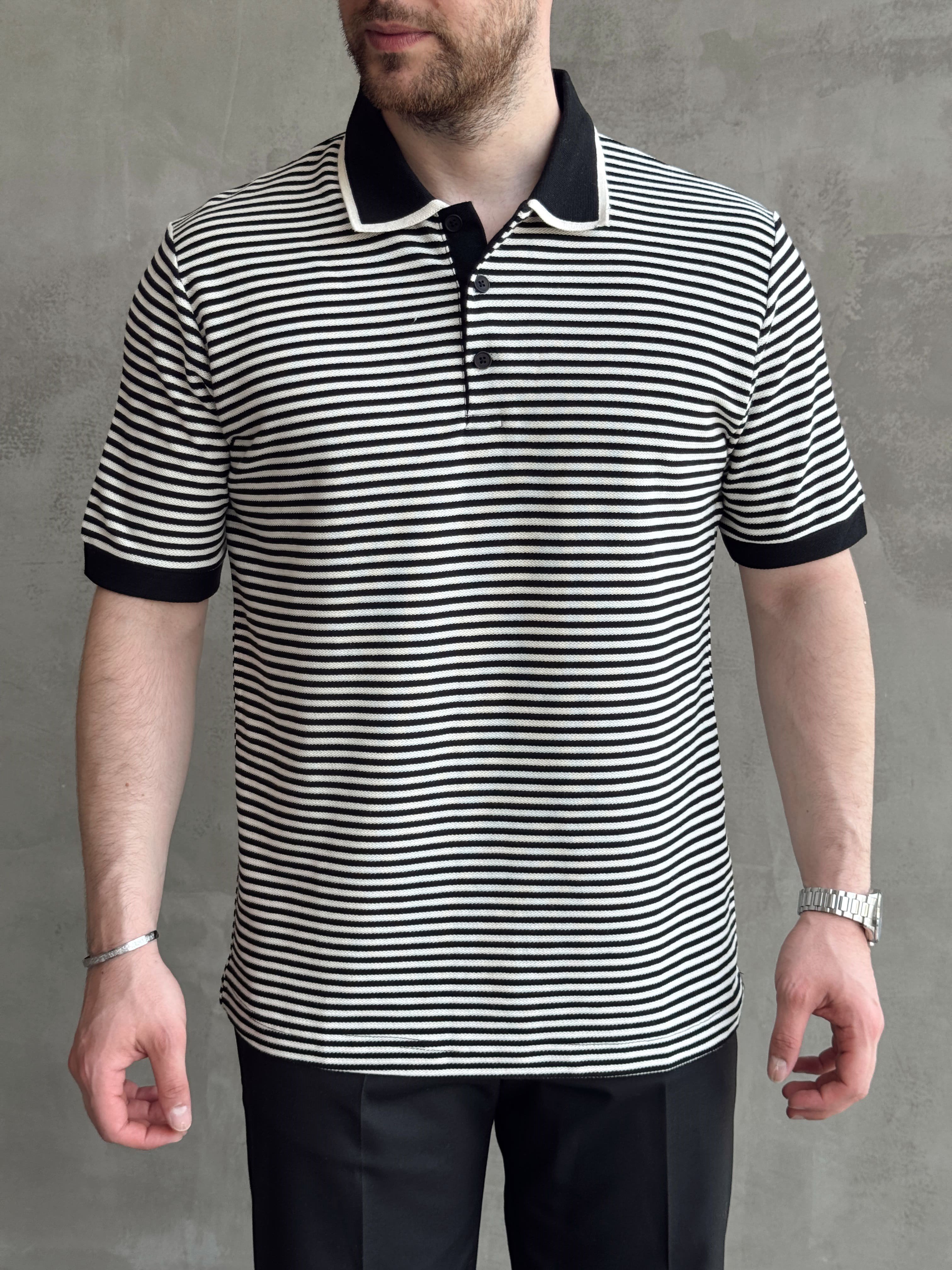 Erkek Kombinlenebilir Oversize Kalıp Çizgi Detaylı Polo Yaka Triko T-Shirt-Siyah(E1768)Ketench