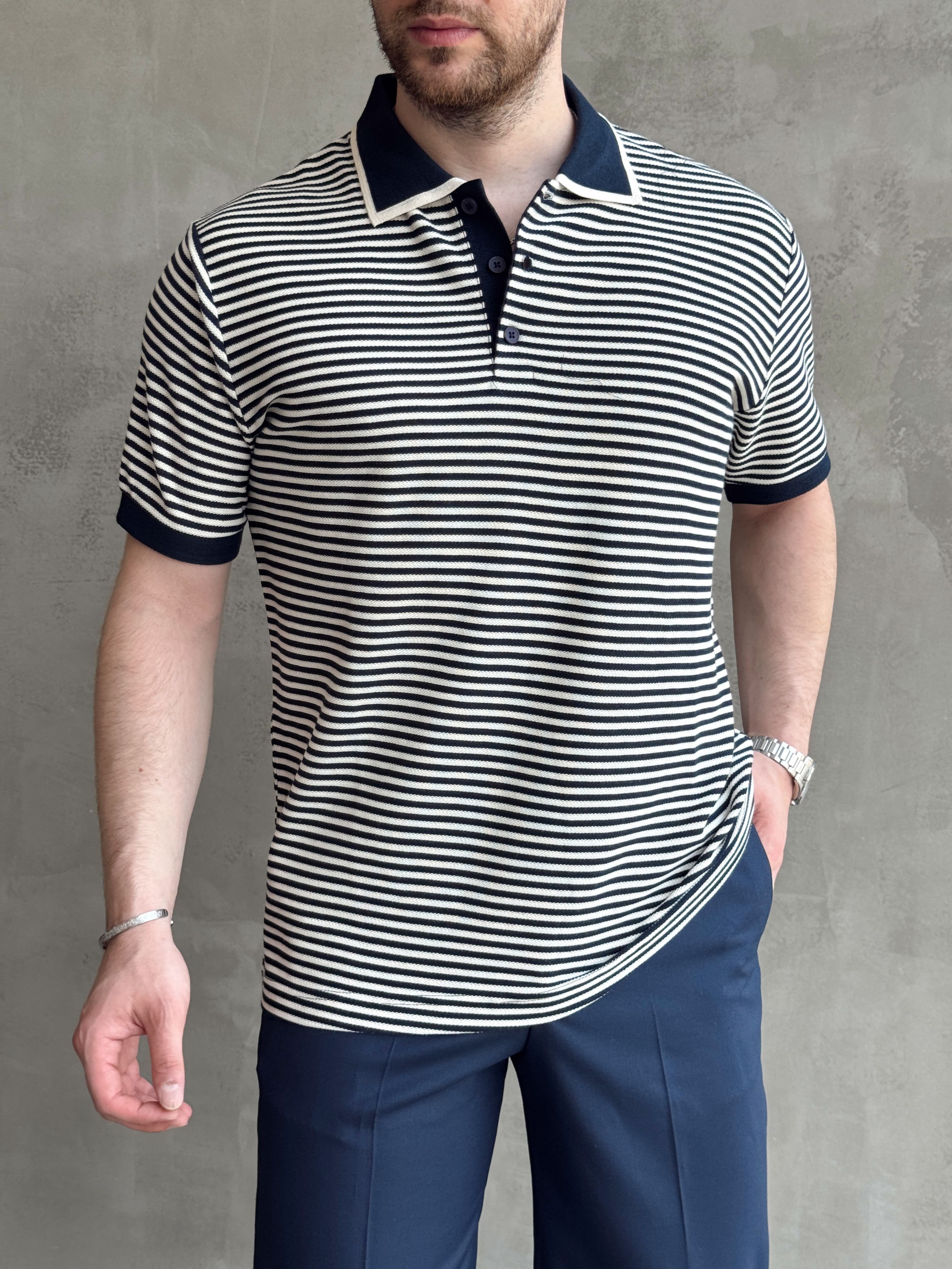 Erkek Kombinlenebilir Oversize Kalıp Çizgi Detaylı Polo Yaka Triko T-Shirt-Lacivert(E1768)Ketench