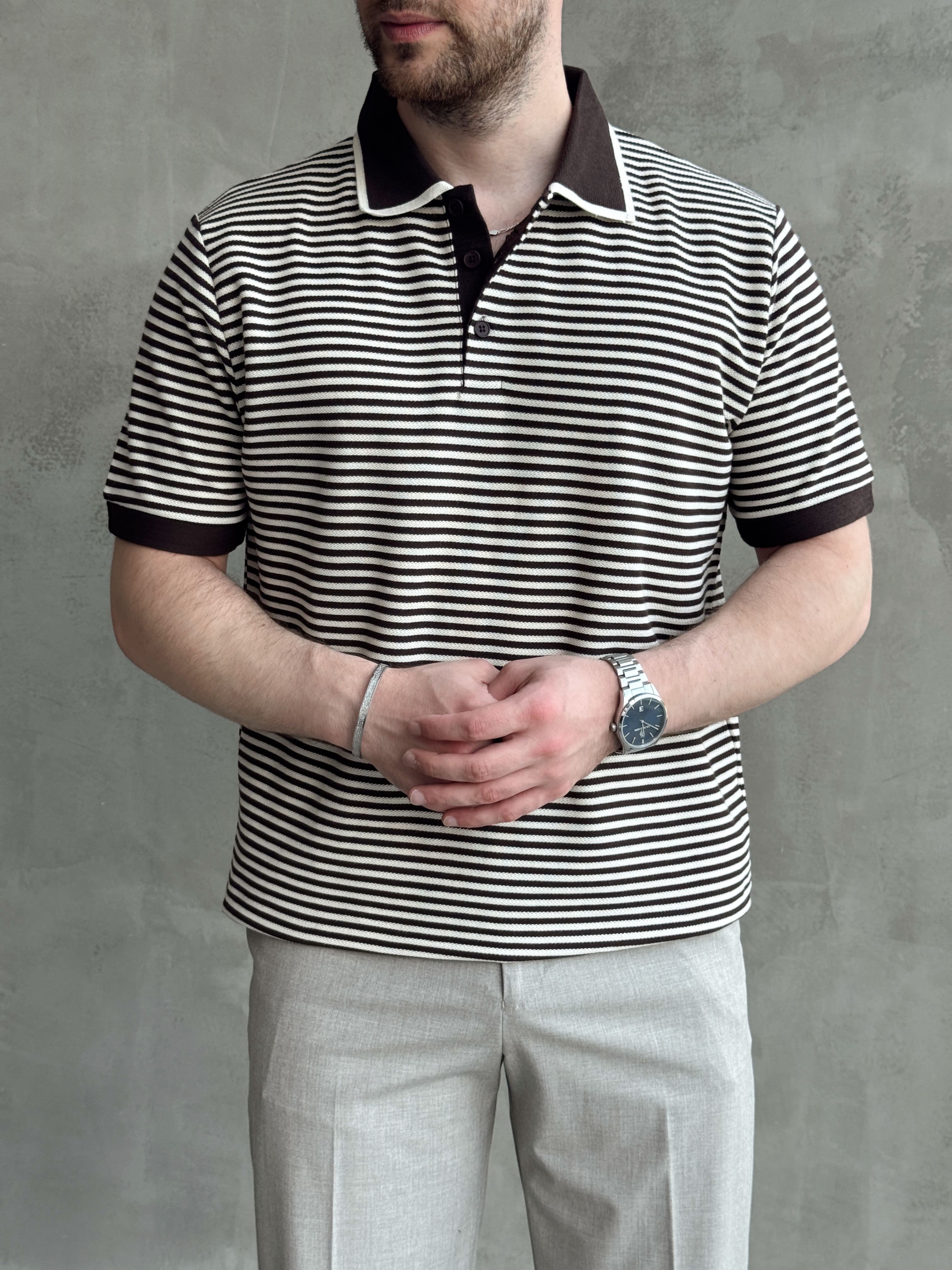 Erkek Kombinlenebilir Oversize Kalıp Çizgi Detaylı Polo Yaka Triko T-Shirt-Kahverengi(E1768)Ketench