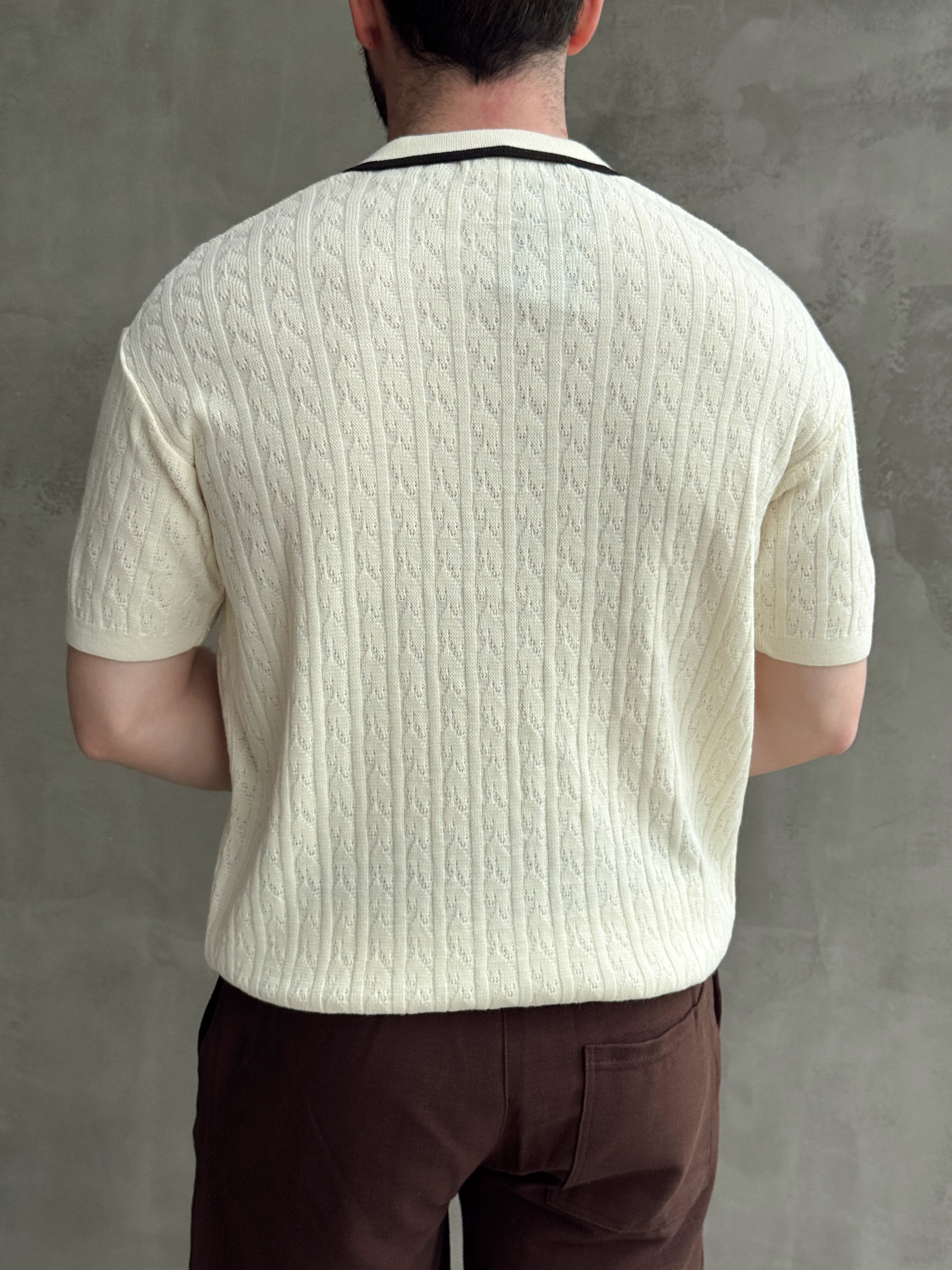 Erkek Kombinlenebilir Yaka Şerit Detaylı Desenli Polo Yaka Triko T-Shirt-Krem(E1727)Ketench