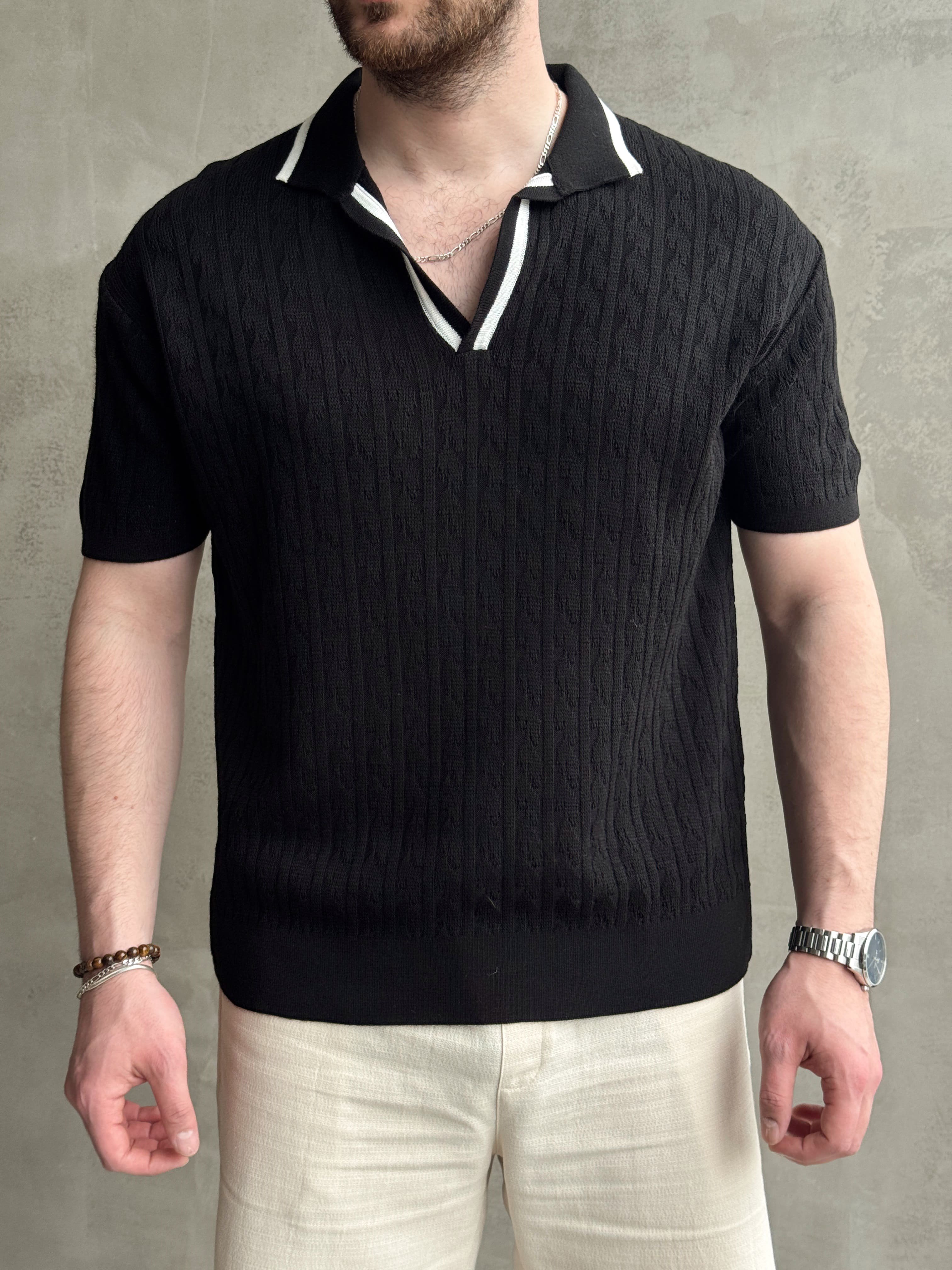 Erkek Kombinlenebilir Yaka Şerit Detaylı Desenli Polo Yaka Triko T-Shirt-Siyah(E1727)Ketench