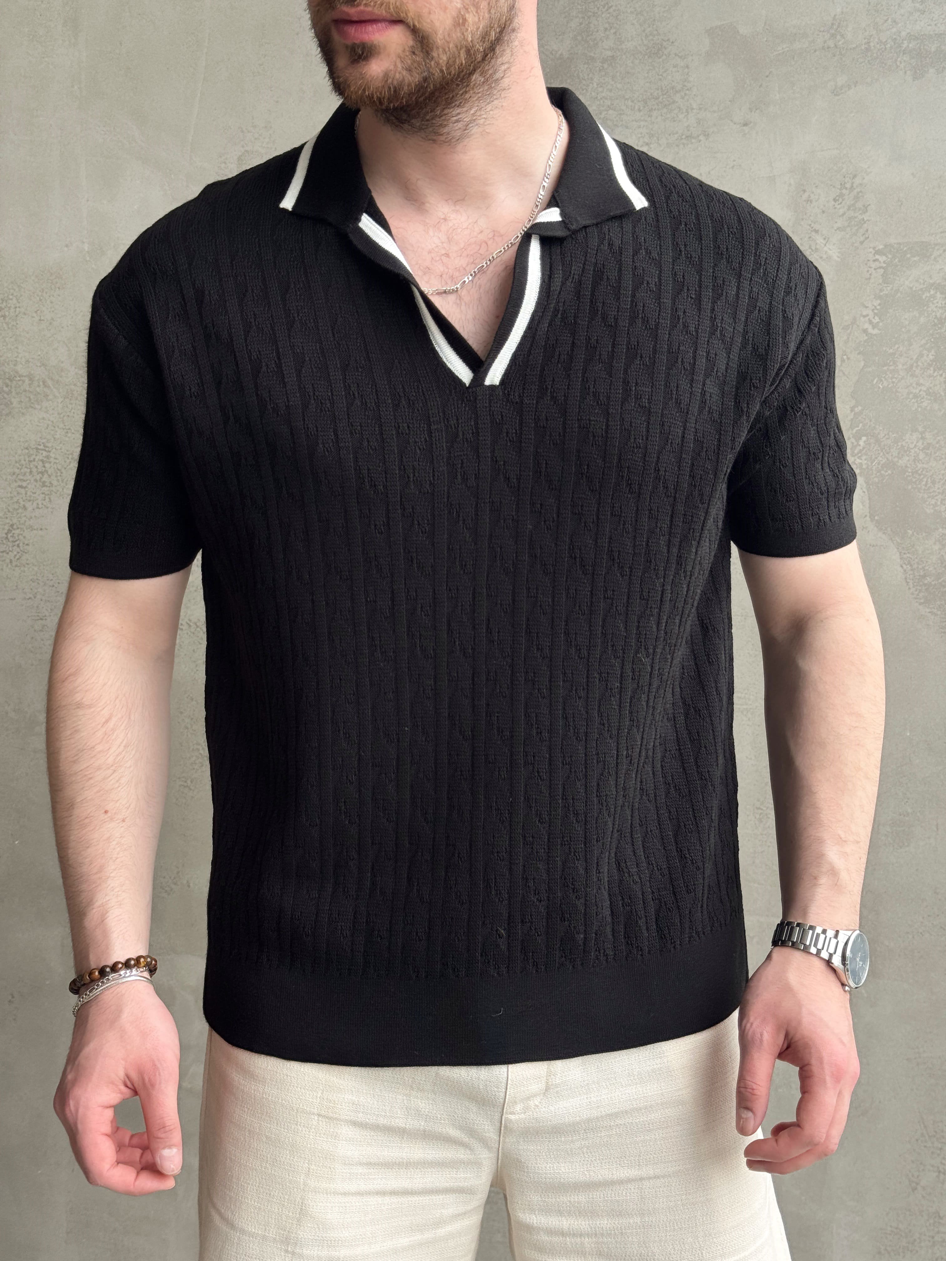 Erkek Kombinlenebilir Yaka Şerit Detaylı Desenli Polo Yaka Triko T-Shirt-Siyah(E1727)Ketench