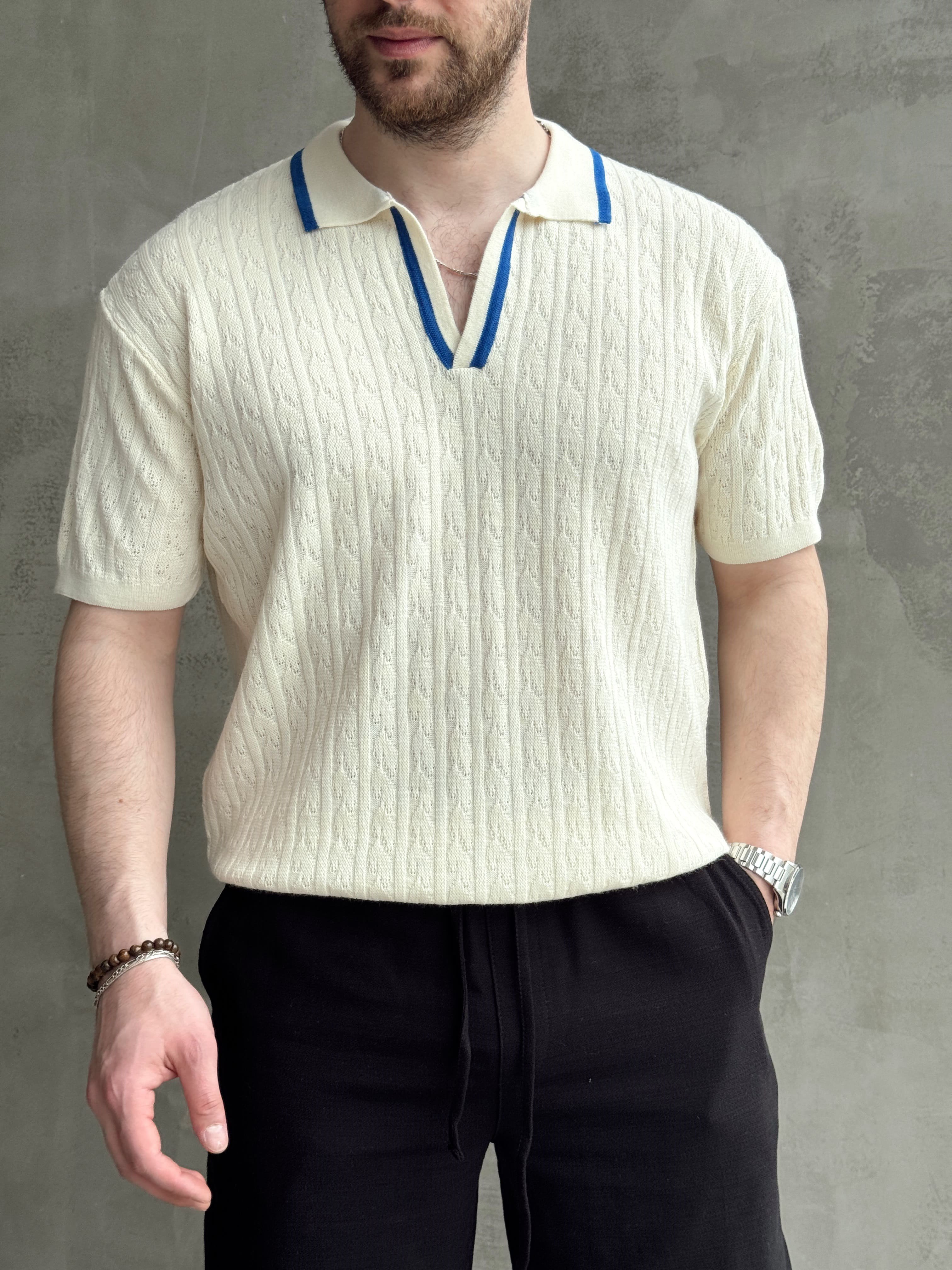 Erkek Kombinlenebilir Yaka Şerit Detaylı Desenli Polo Yaka Triko T-Shirt-Mavi(E1727)Ketench