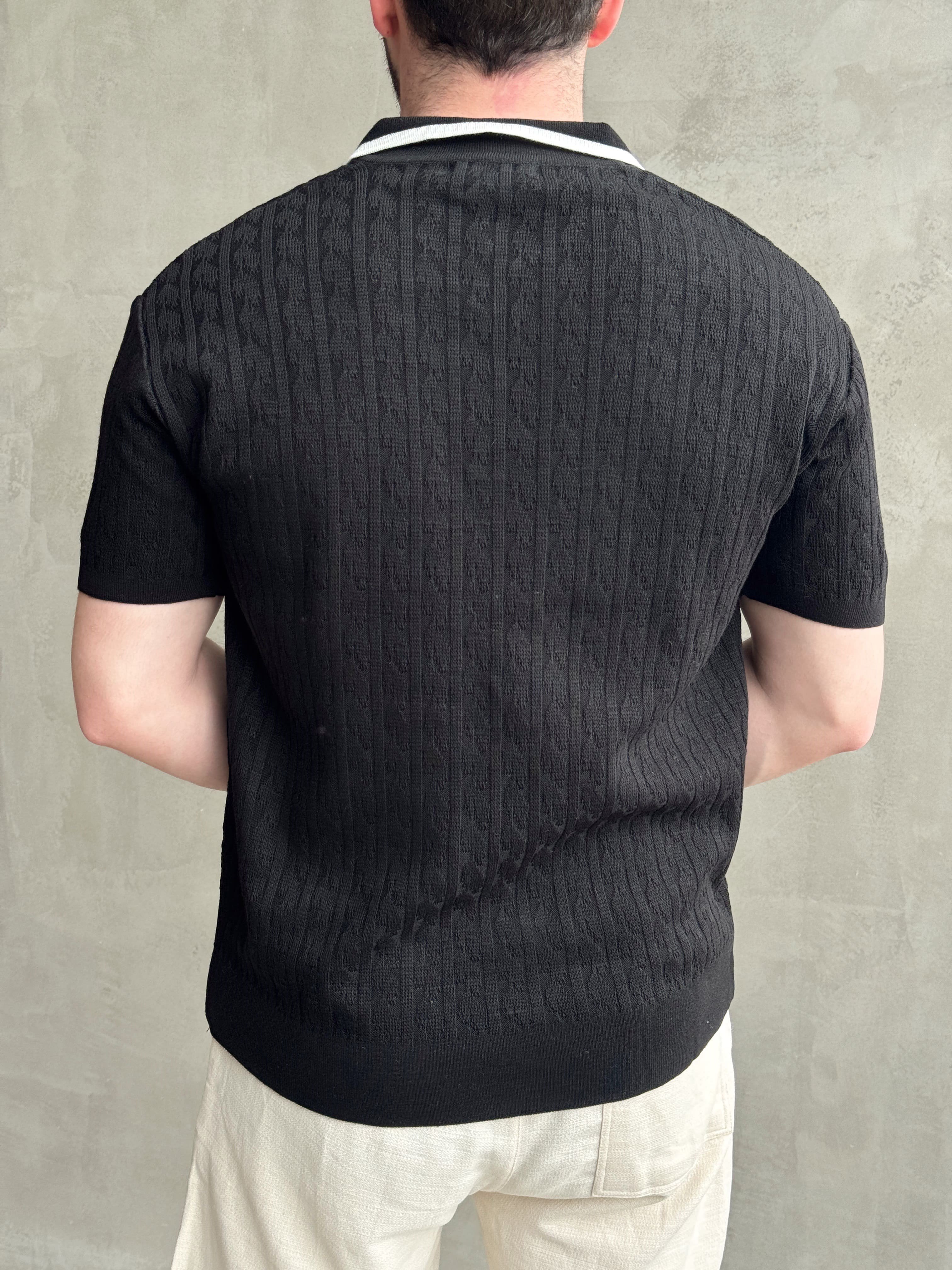Erkek Kombinlenebilir Yaka Şerit Detaylı Desenli Polo Yaka Triko T-Shirt-Siyah(E1727)Ketench