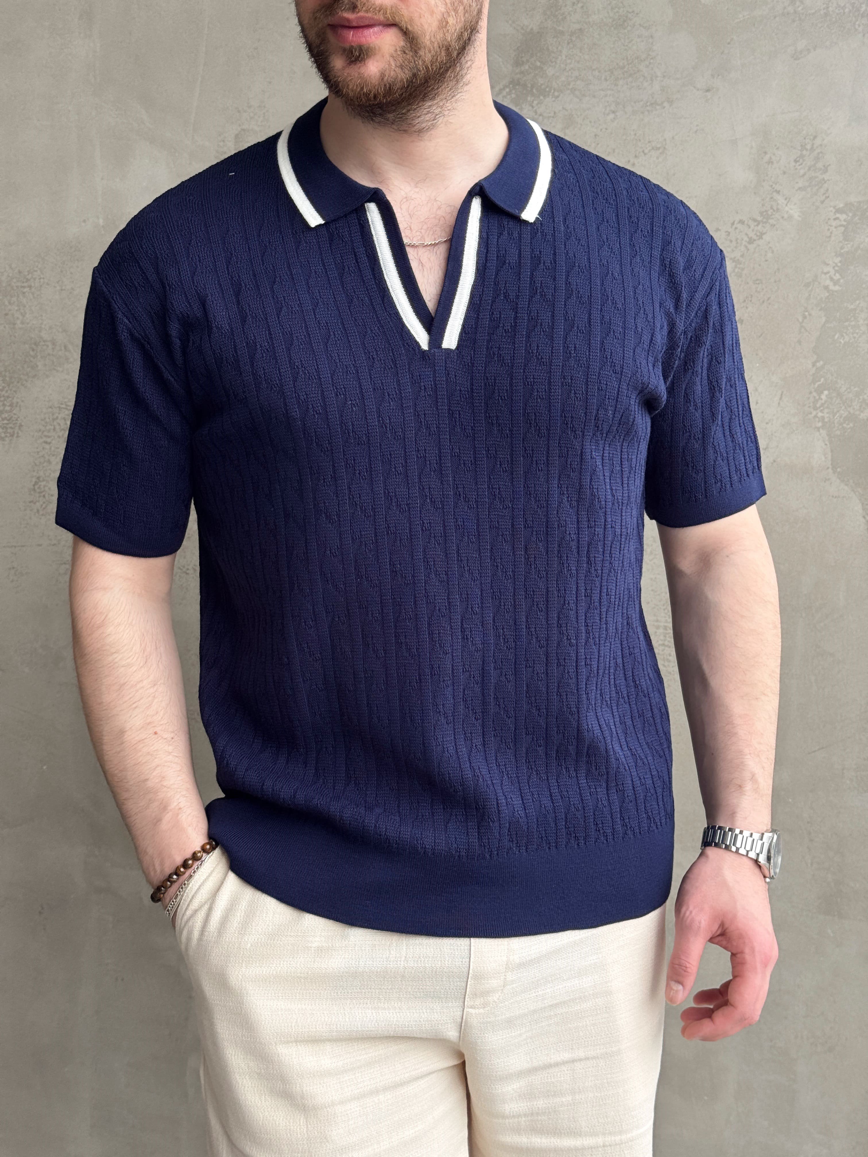 Erkek Kombinlenebilir Yaka Şerit Detaylı Desenli Polo Yaka Triko T-Shirt-Lacivert(E1727)Ketench