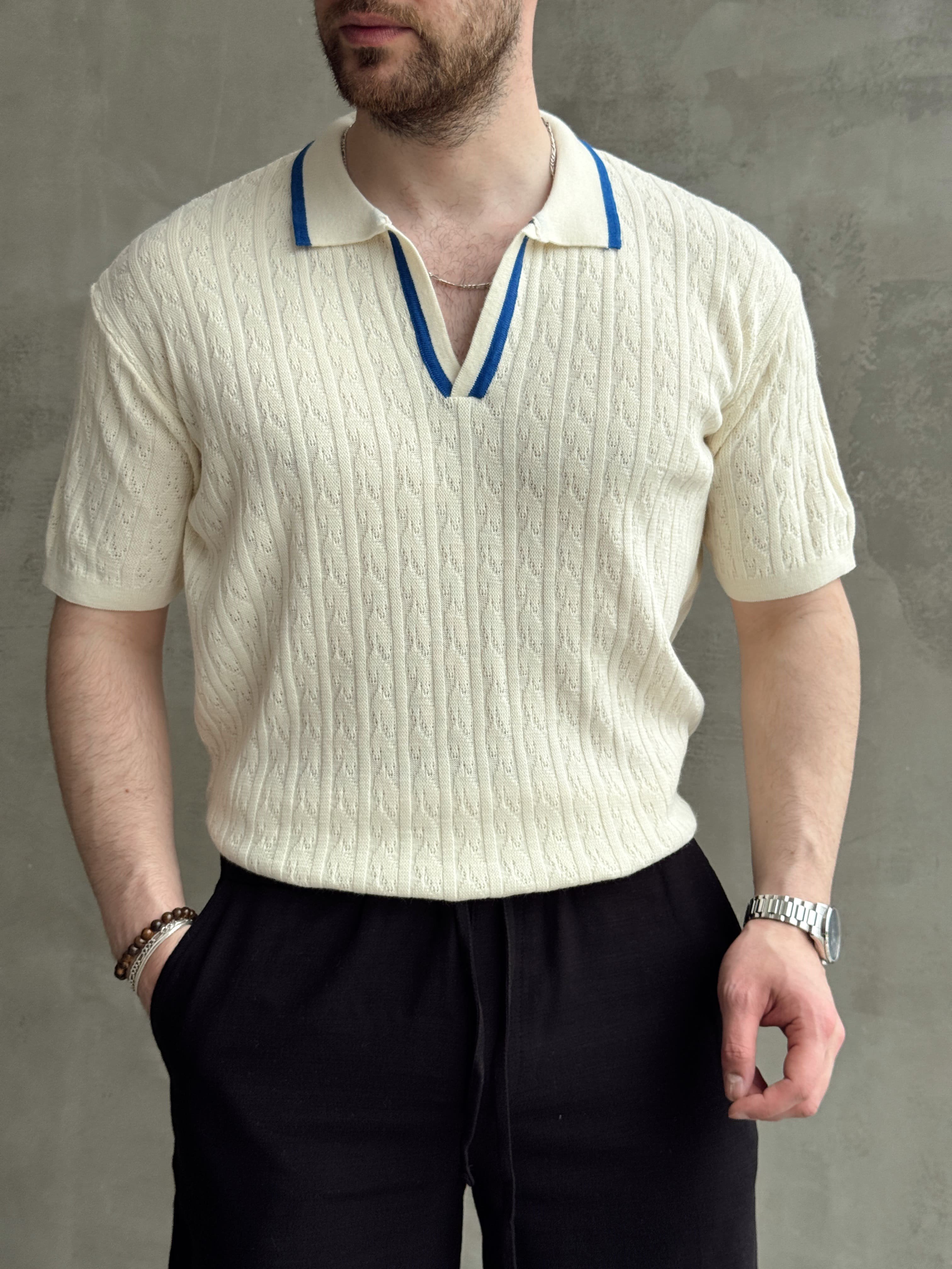 Erkek Kombinlenebilir Yaka Şerit Detaylı Desenli Polo Yaka Triko T-Shirt-Mavi(E1727)Ketench